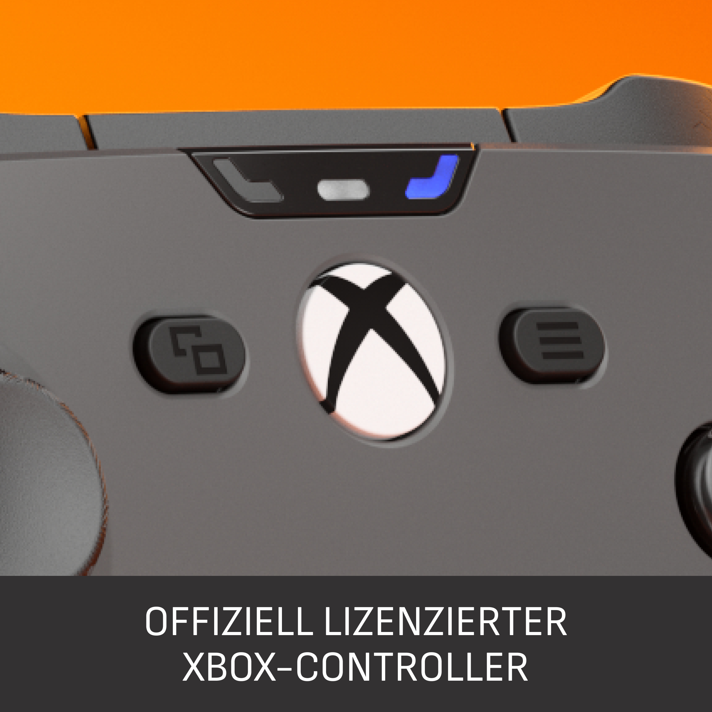Nahaufnahme eines Xbox-Controllers. Er hat Knöpfe und das Xbox-Logo. Der Hintergrund ist orange.