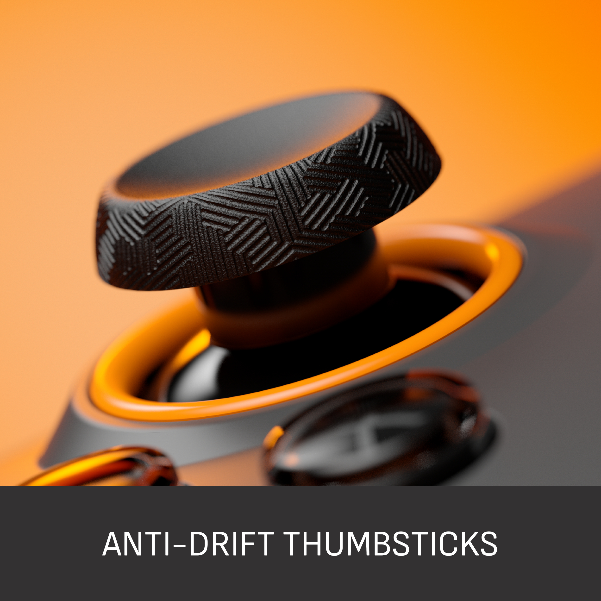 Nahaufnahme eines schwarzen Joystick-Oberteils mit strukturierter Oberfläche. Orange und graue Details mit orangefarbenem Hintergrund.