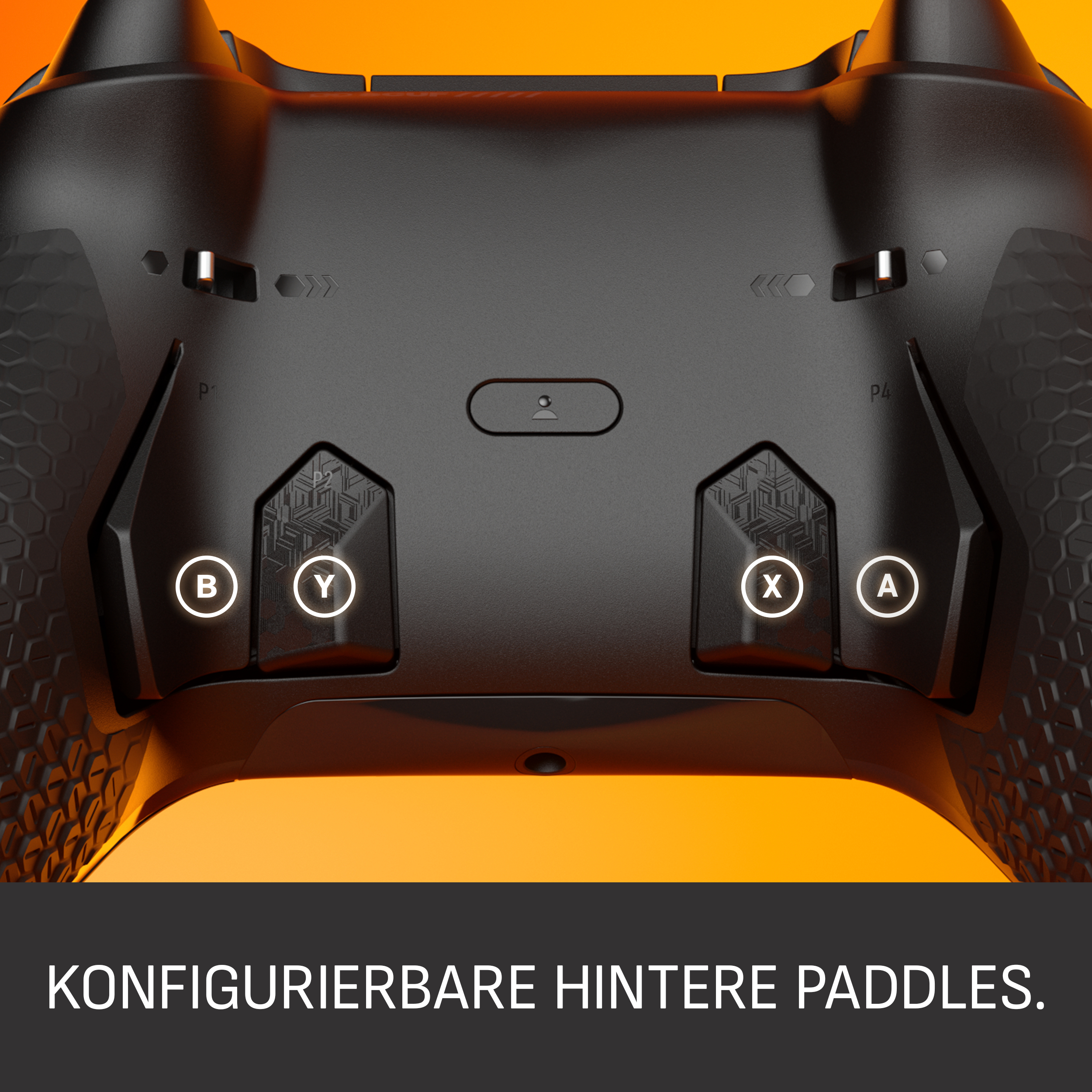Schwarze Gamecontroller-Rückseite mit den Tasten B, Y, X, A. Oranger Hintergrund mit Text: Konfigurierbare hintere Paddel.