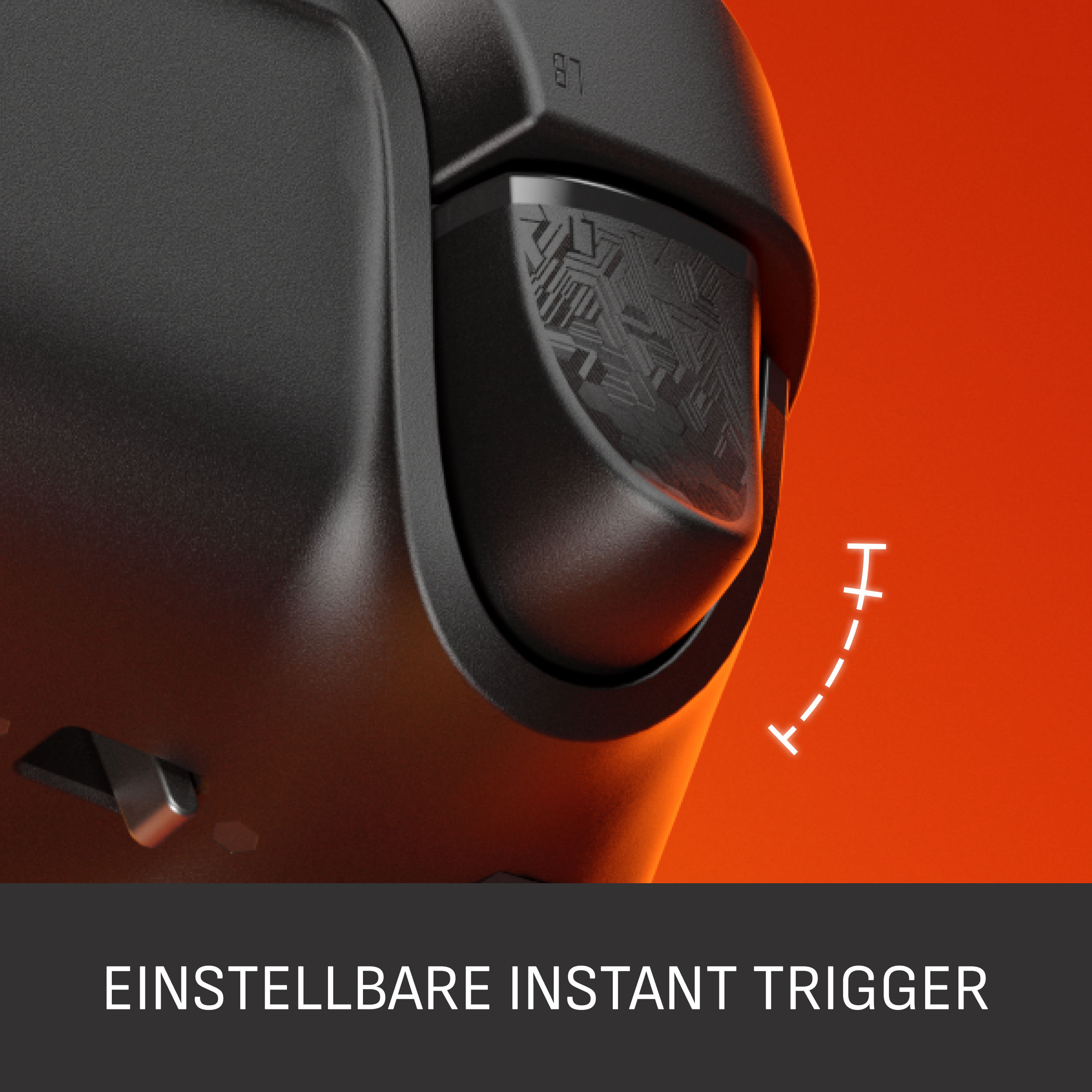 Nahaufnahme eines schwarzen Gamecontroller-Triggers mit strukturierten Details vor orangefarbenem Hintergrund. Weiße Grafik.