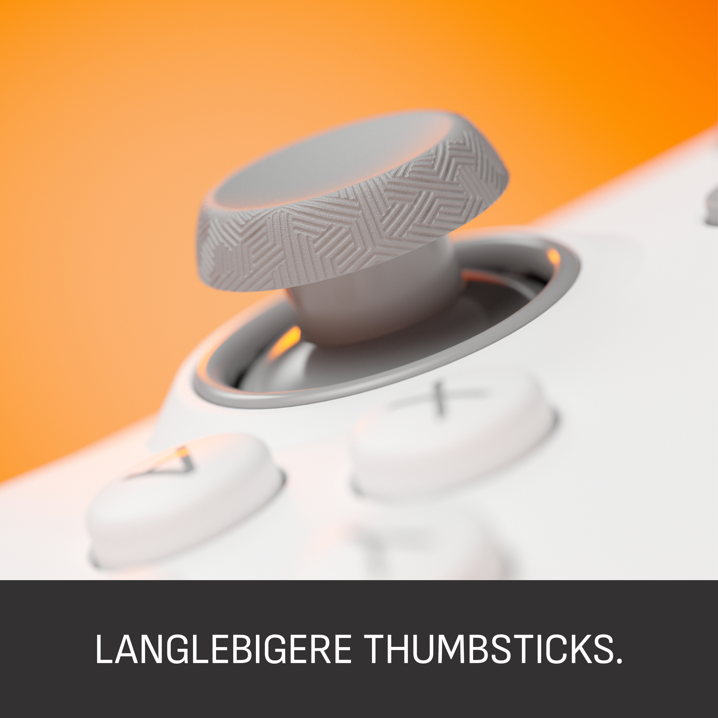Nahaufnahme eines weißen Gamecontrollers. Der Joystick ist grau mit strukturierter Oberfläche, der Hintergrund orange.
