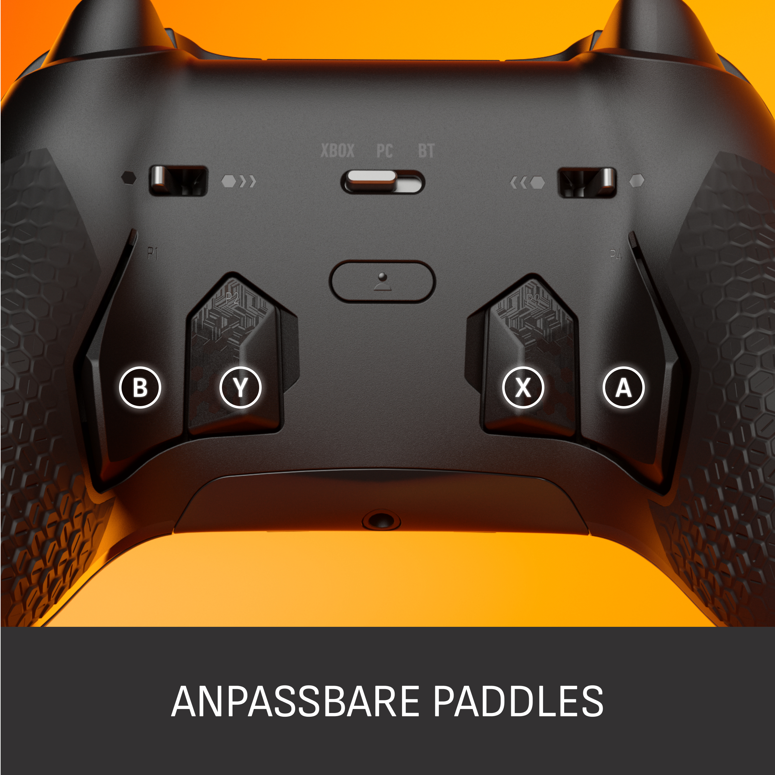 Nahaufnahme eines schwarzen Gamecontrollers mit Tasten und anpassbaren Paddles. Oranger Hintergrund.
