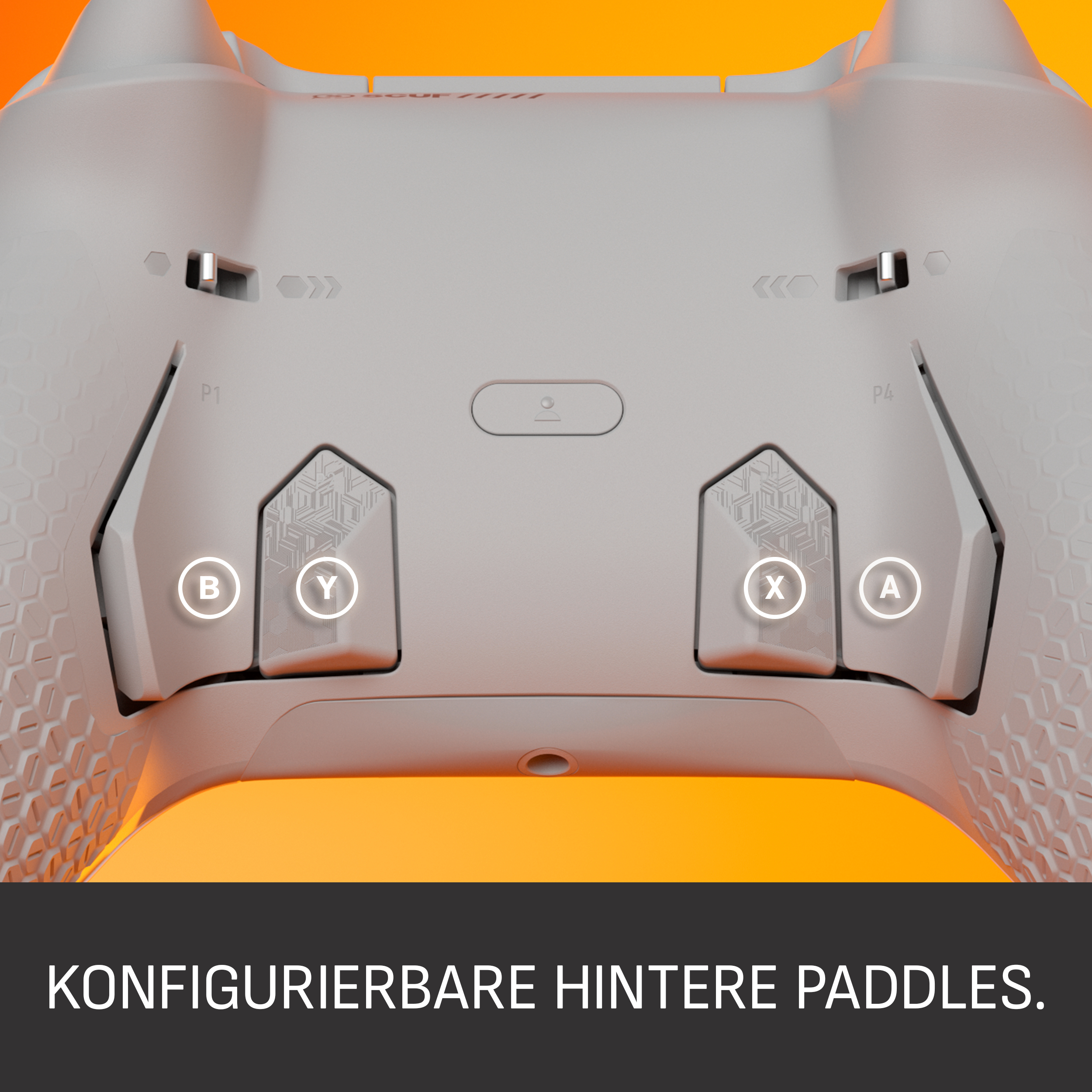Weißer Gamecontroller mit den Tasten B, Y, X, A und Paddles. Text: 'KONFIGURIERBARE HINTERE PADDLES.'