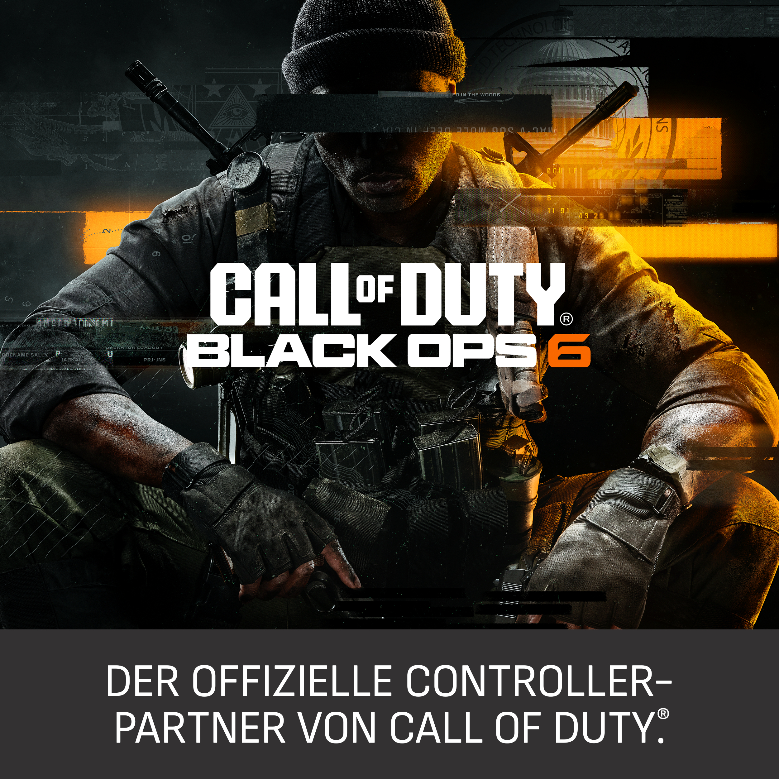 Cover von Call of Duty Black Ops 6. Ein Soldat kniet, Waffe sichtbar. Der Titel ist prominent, mit Partner-Logo darunter.