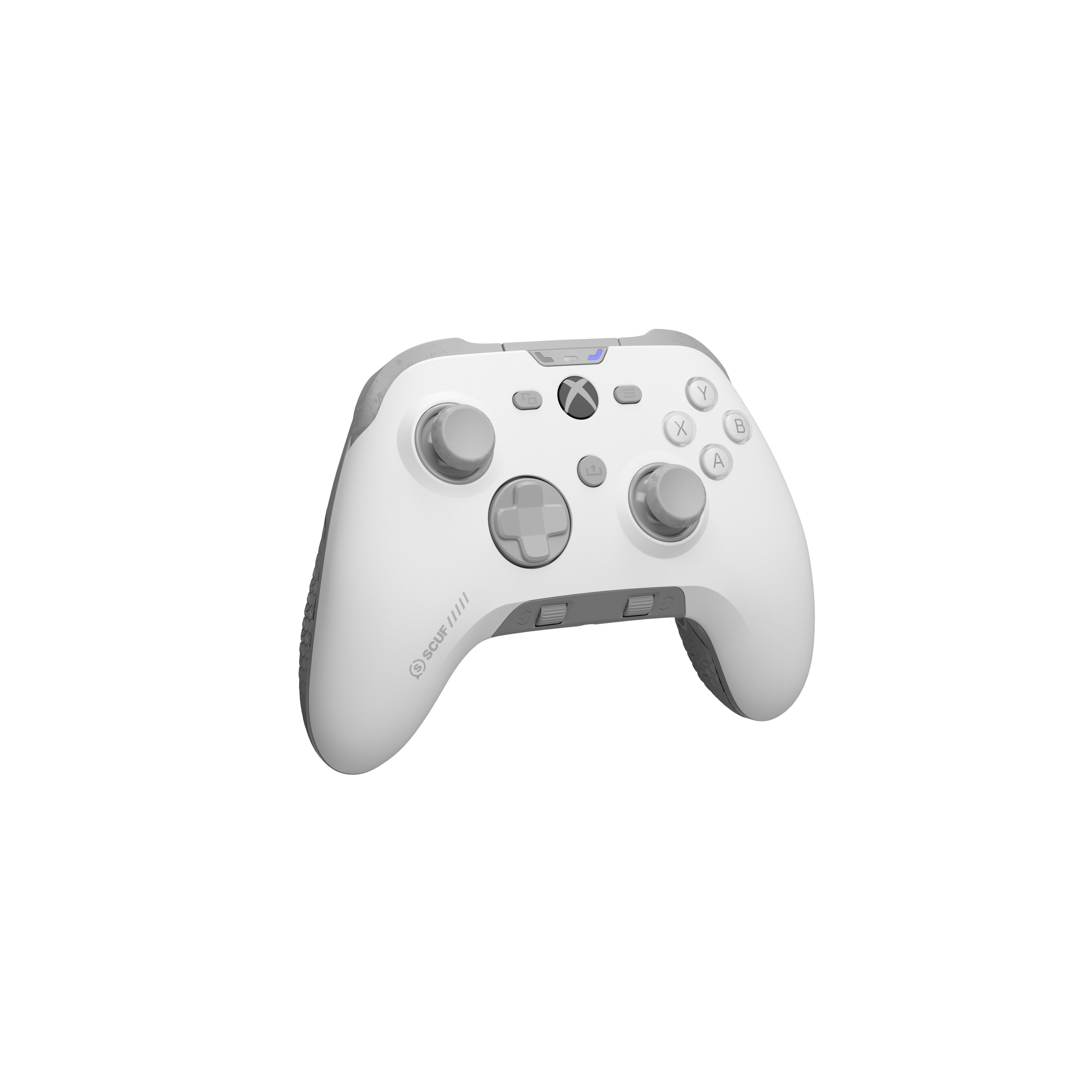 Ein weiß-grauer Xbox-Controller mit Knöpfen, Thumbsticks und einem Steuerkreuz, isoliert auf weißem Hintergrund.