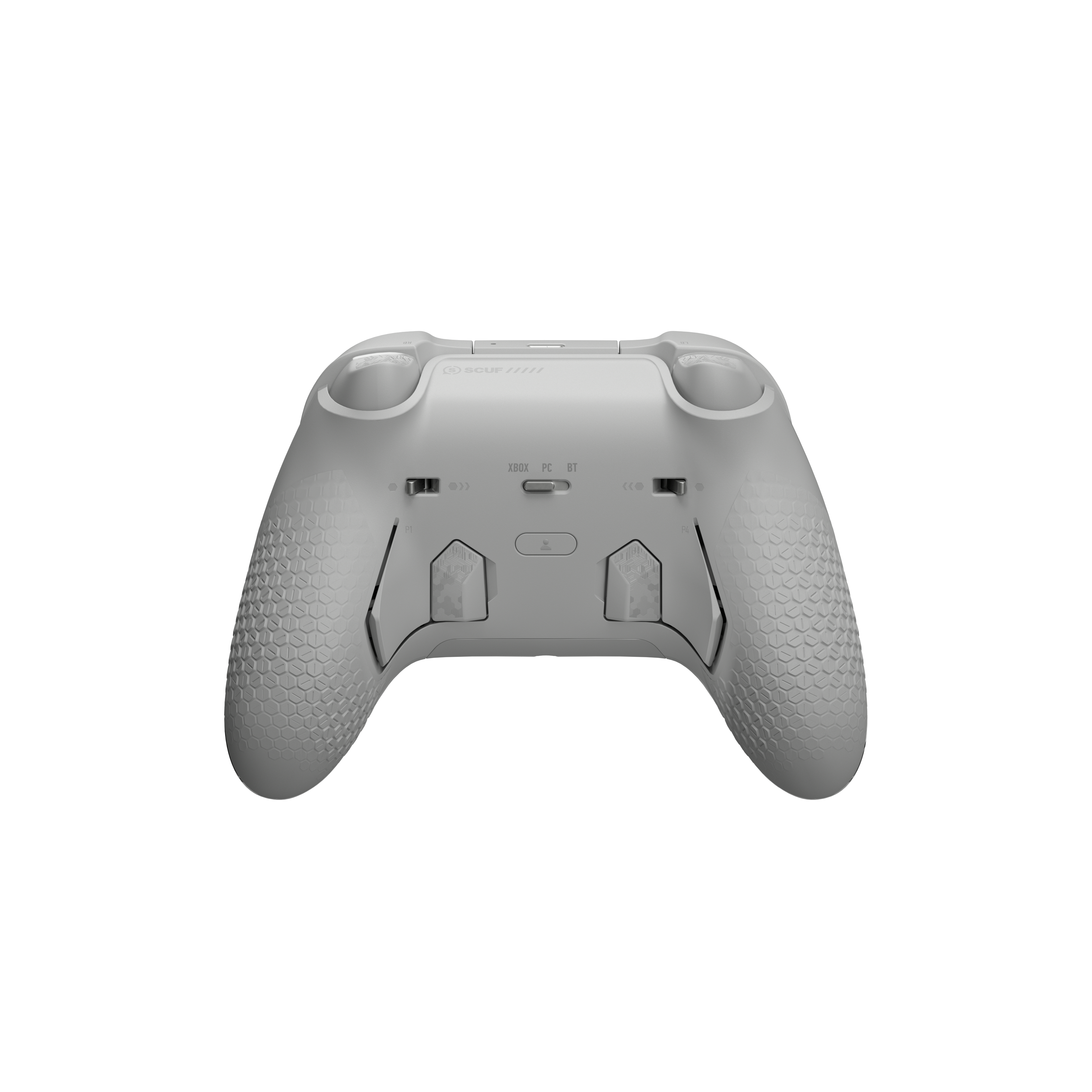 Ein hellgrauer SCUF-Controller. Es hat strukturierte Griffe und Tasten für Xbox-, PC- und BT-Verbindungen.