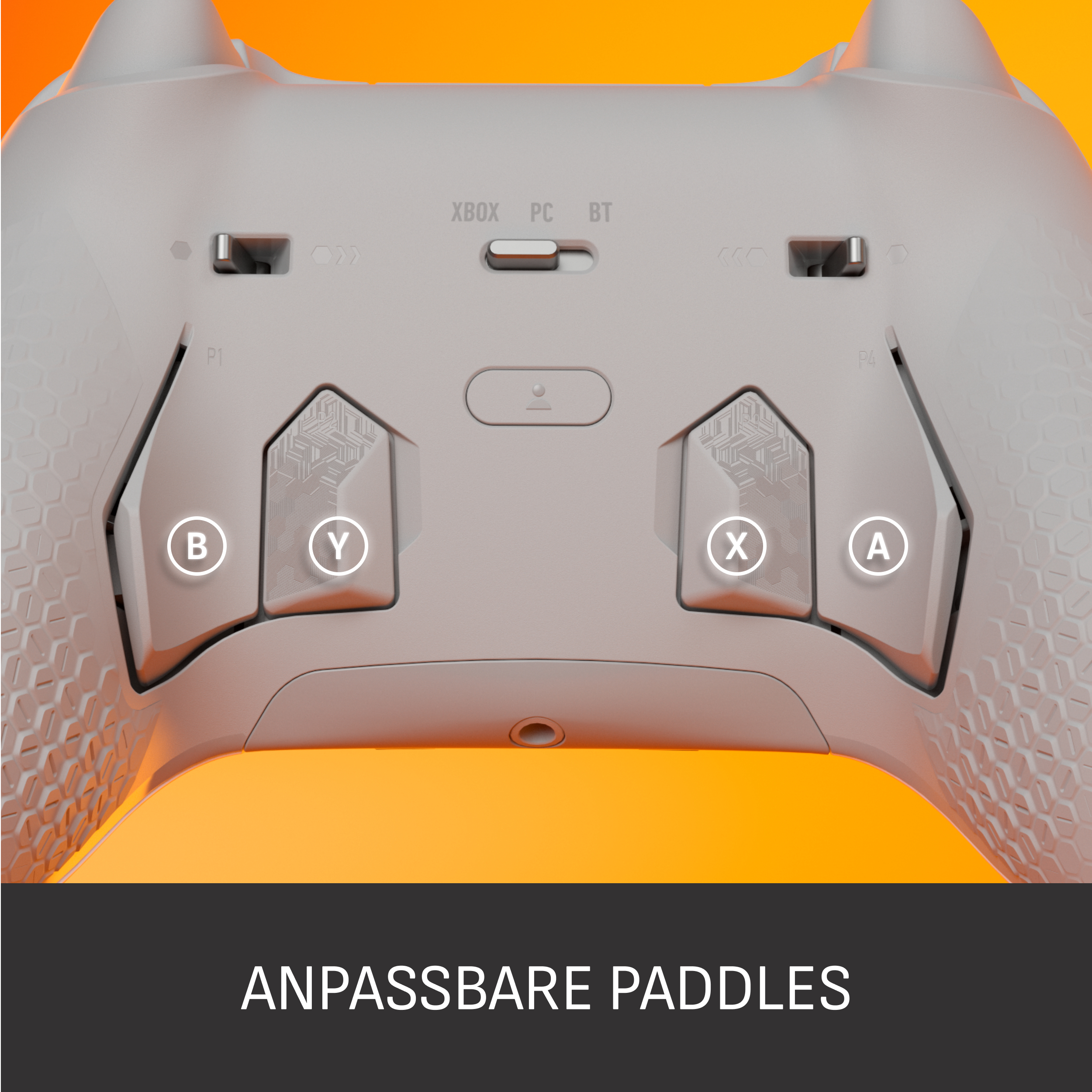 Grauer Game-Controller mit Tasten: B, Y, X, A. Der Hintergrund ist orange. Text sagt 'ANPASSBARE PADDLES'.