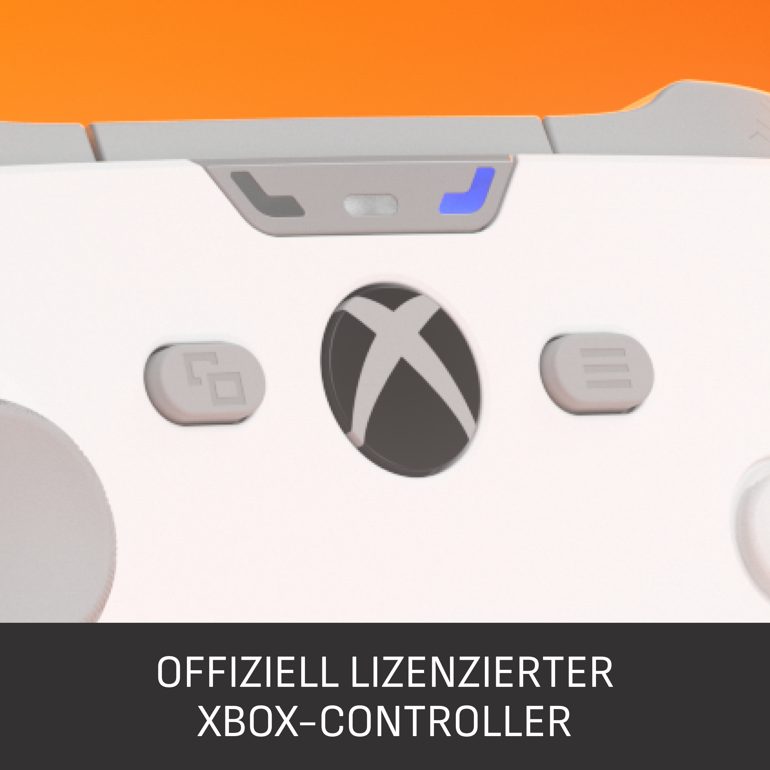 Xbox-Controller mit weißem Gehäuse, grauen Akzenten und einem schwarzen Xbox-Logo. Unten steht: OFFIZIELL LIZENZIERTER XBOX-CONTROLLER.