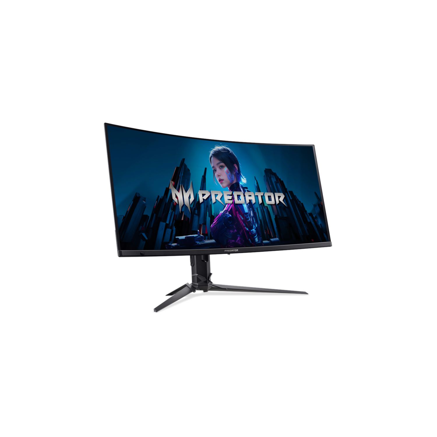 Een gebogen Predator gaming monitor toont een futuristische scène. Hij staat op een zwarte standaard, tegen een witte achtergrond.