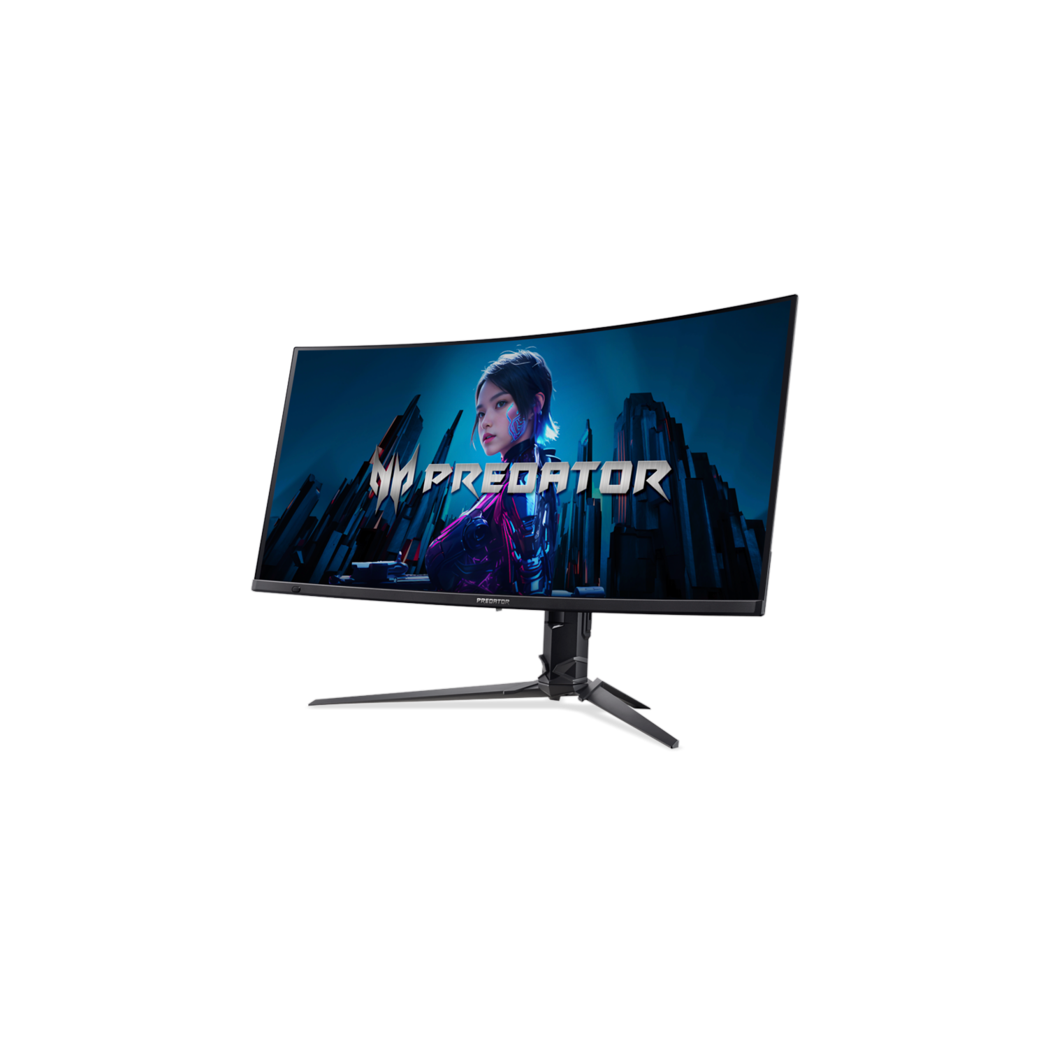 Gebogen Predator gaming monitor. Toont een vrouw met blauwe accenten en het Predator logo tegen een futuristische stad.