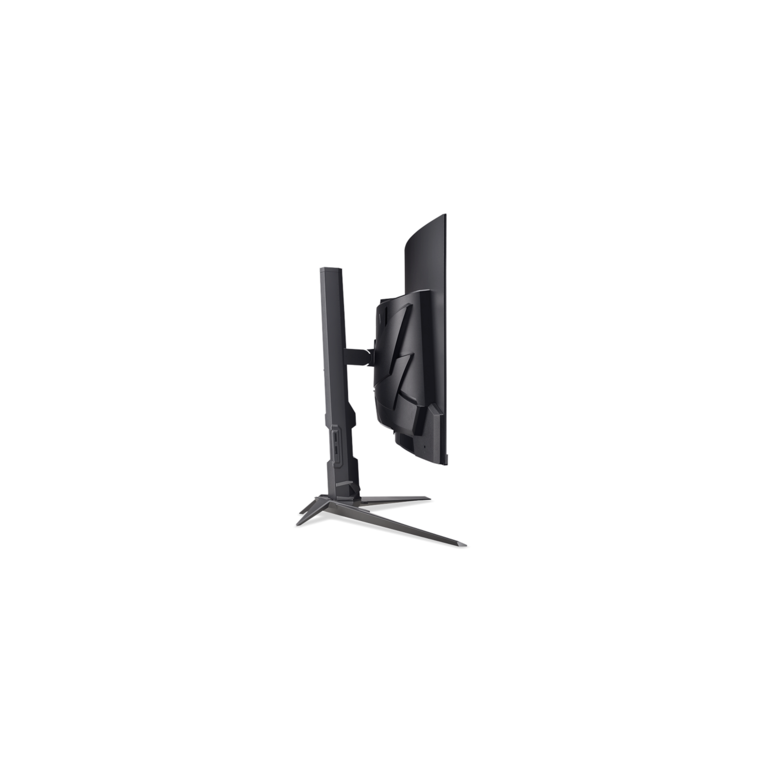 Zijaanzicht van een zwarte computermonitor. Het heeft een gebogen scherm, een stevige standaard en staat op een witte achtergrond.