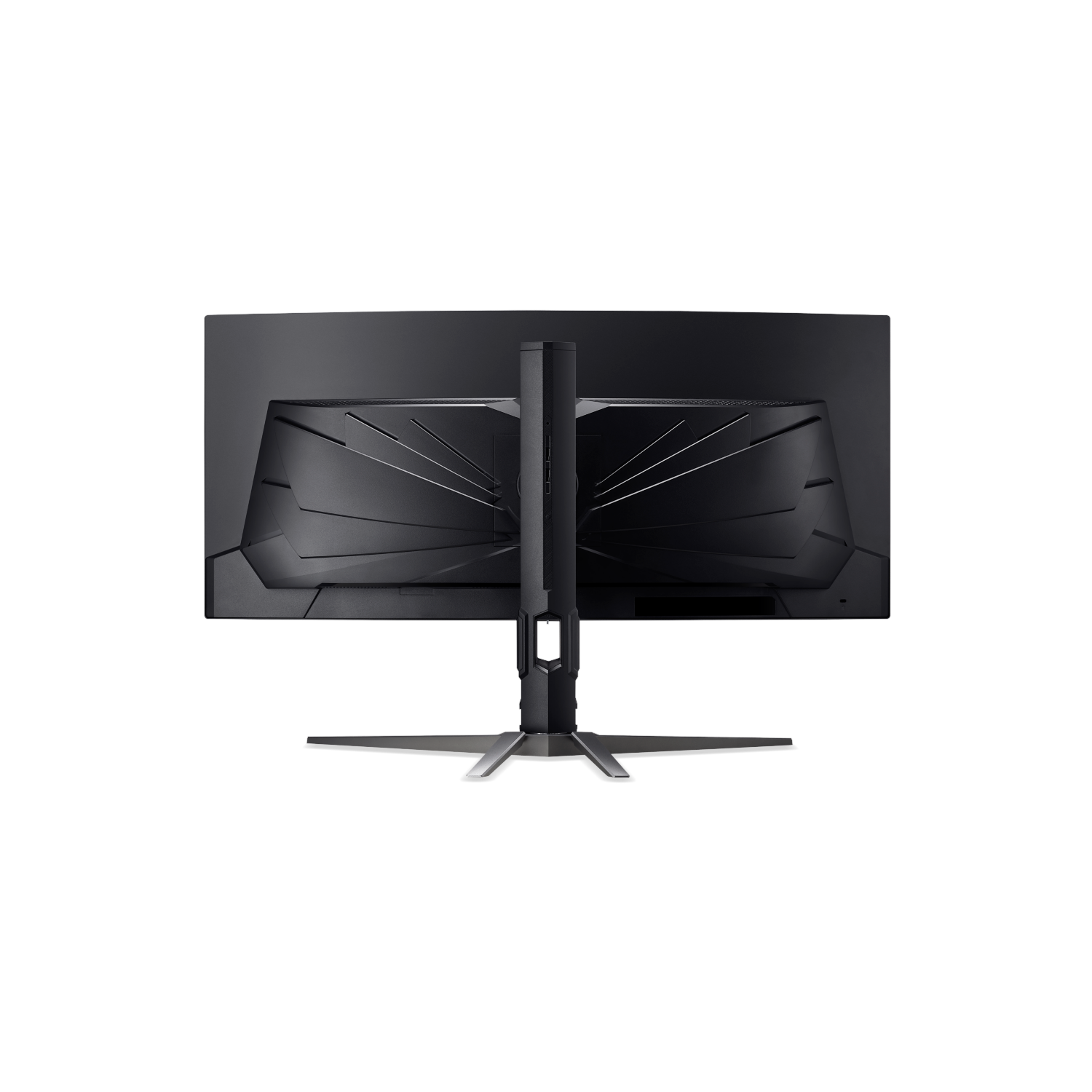 De achterkant van een zwarte computermonitor wordt getoond. Het heeft een standaard met een zilveren voet en het scherm is gebogen.