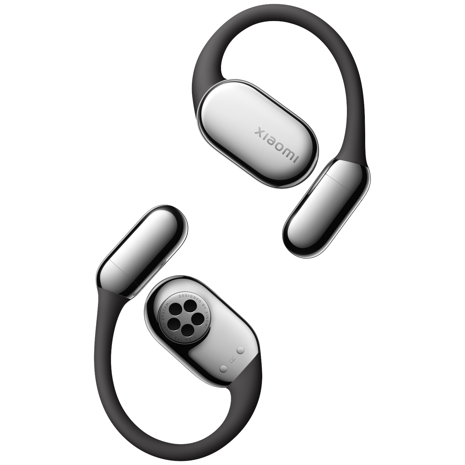 Twee zwarte en zilveren Xiaomi oordopjes op een witte achtergrond. Elk heeft een zilveren pod en een zwarte oorhaak.