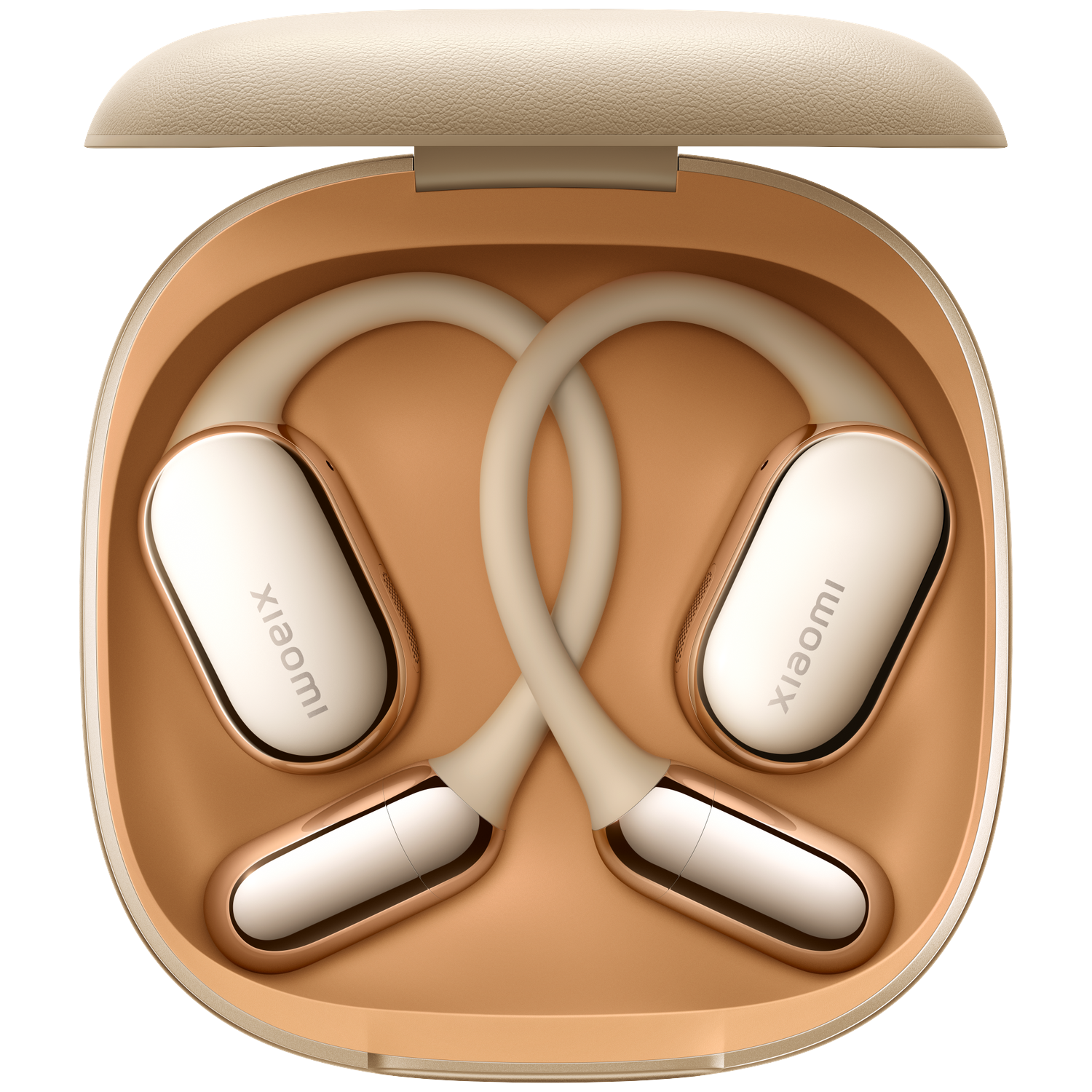 Open beige case with gold trim, revealing two white and gold earbuds with 'Xiaomi' written on them, beige stems, and gold tips.
