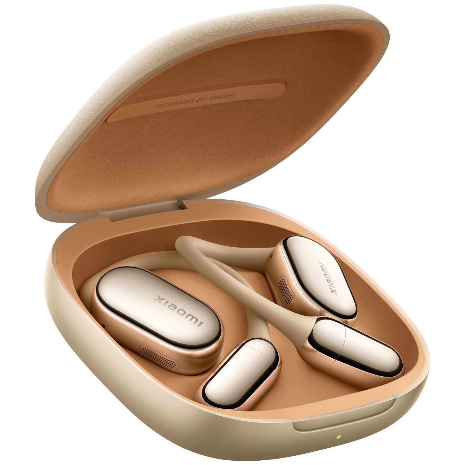 Open beige Xiaomi earbud case with earbuds inside. Case lid open, showing 'Designed by Xiaomi'. Earbuds are gold and white.