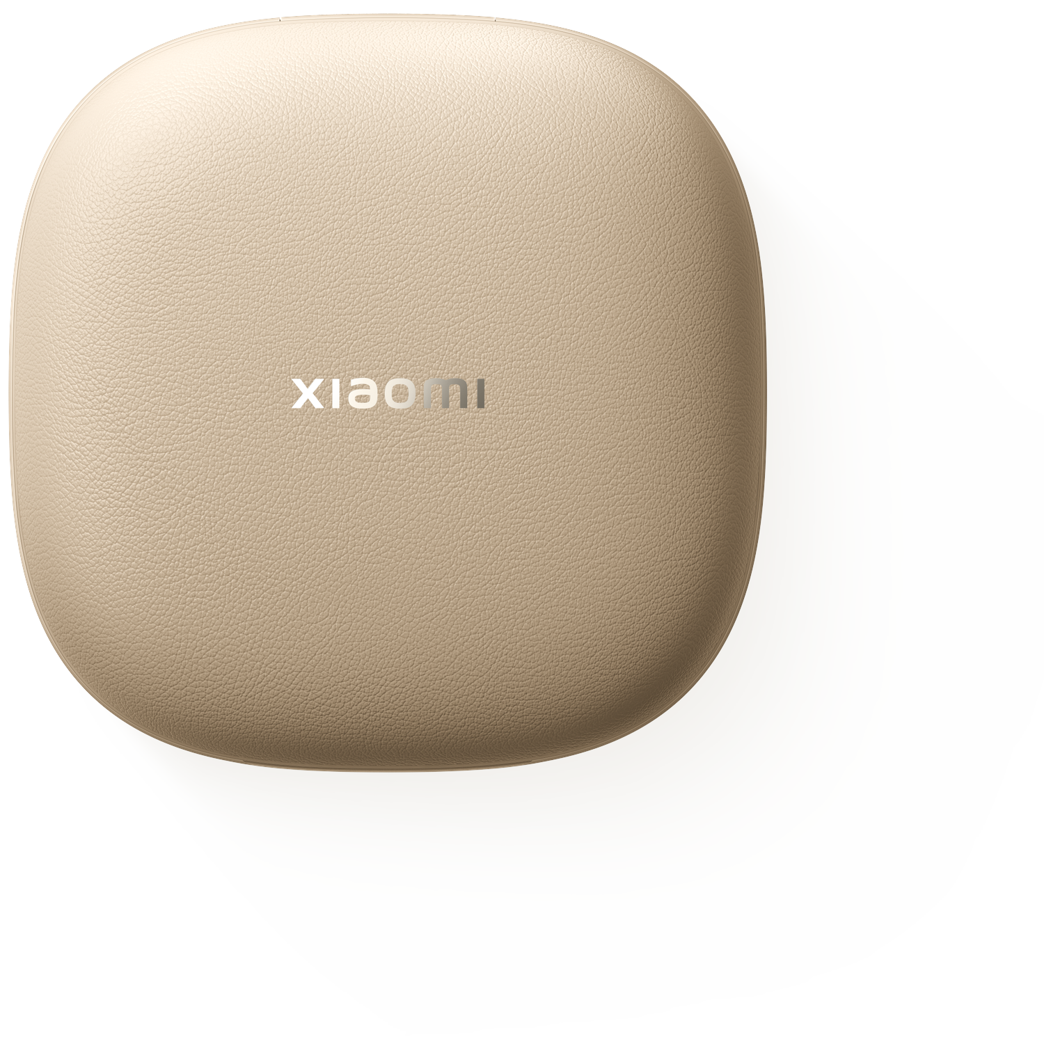 Tan-colored, rounded earbud case with 'xiaomi' logo. White background with shadow.