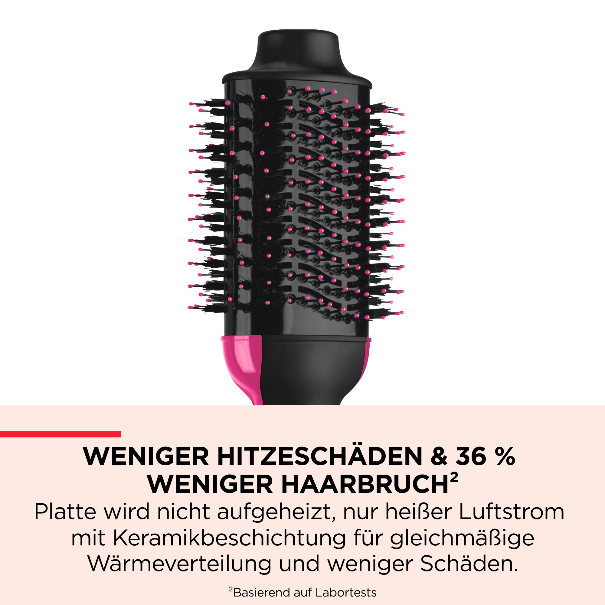 Eine schwarz-rosa Haarbürste. Text: weniger Hitzeschäden und Haarbruch. Weißer Hintergrund.