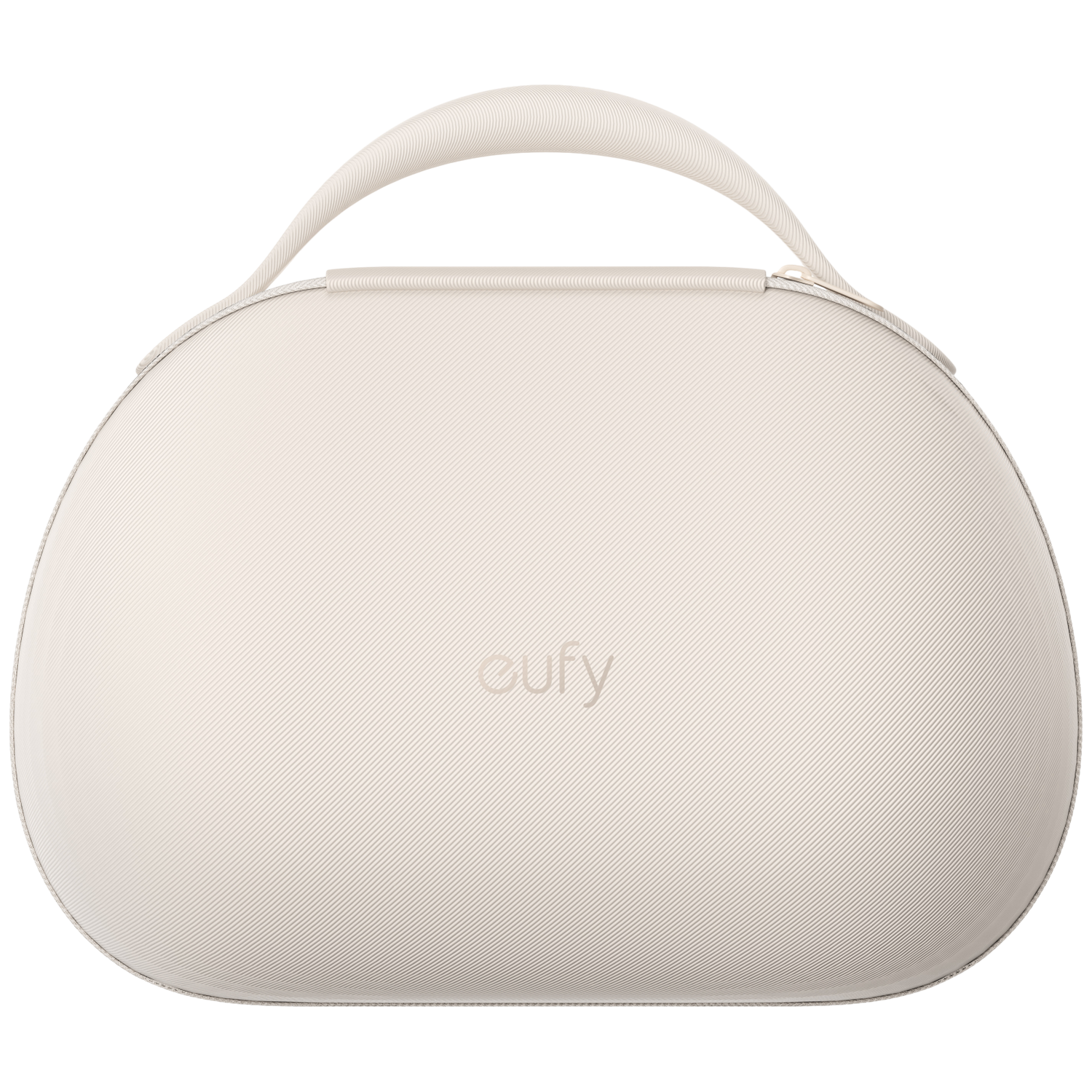 A beige, oval-shaped carrying case with a handle. The case has a textured surface with the brand name 'eufy' on the front.
