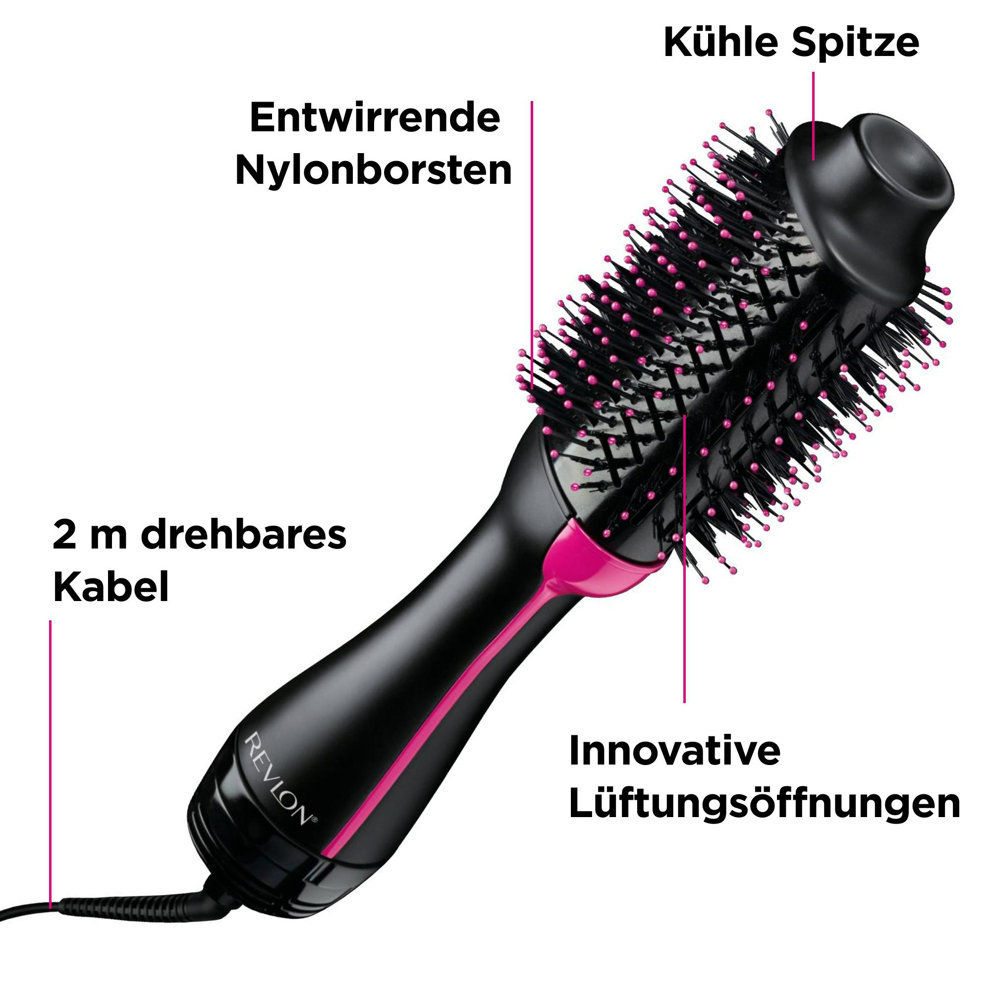 Schwarzer und rosa Revlon Haarstyler. Merkmale sind Nylonborsten, kühle Spitze, drehbares Kabel und Luftschlitze.