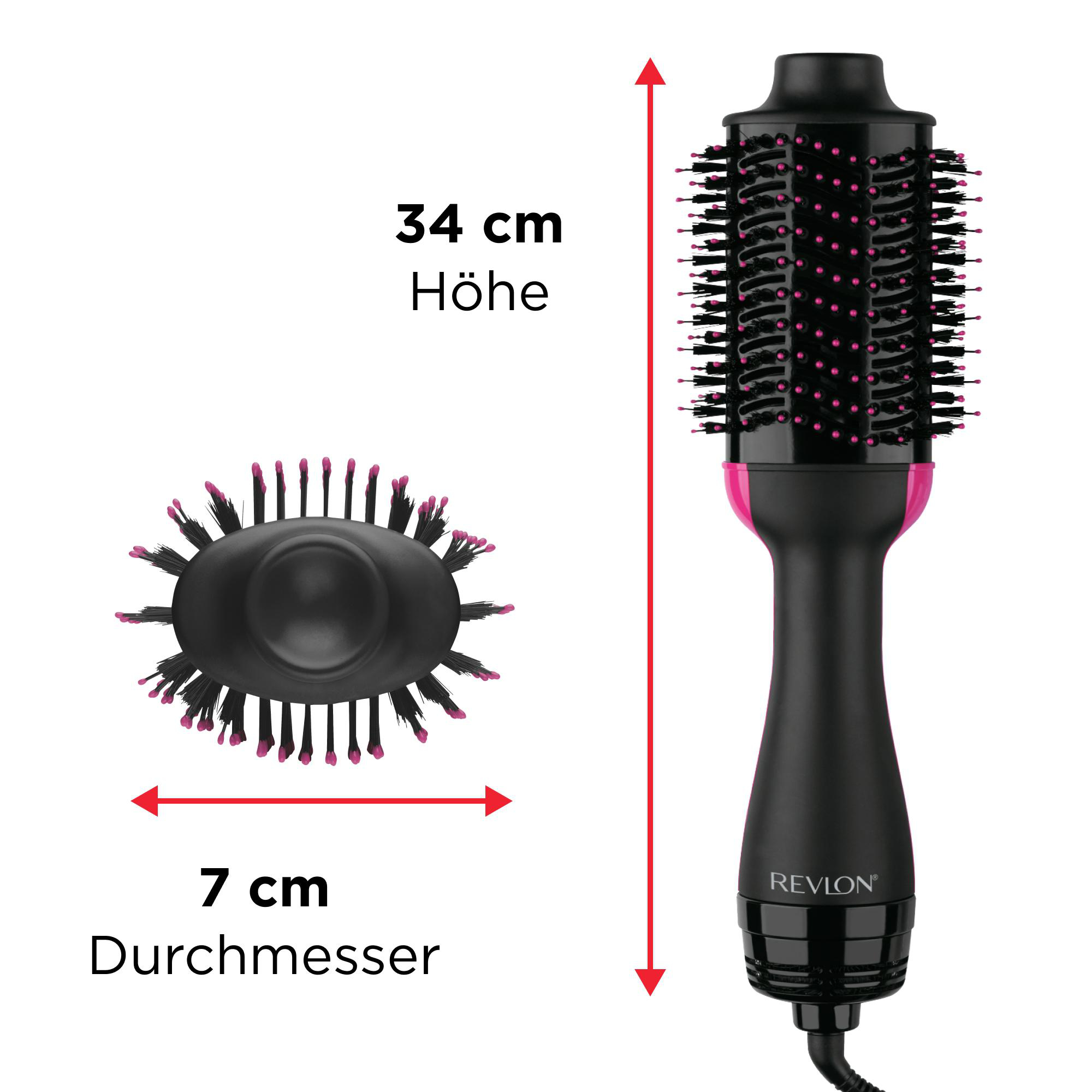 Schwarzer Revlon-Haartrockner mit rosa Akzenten. Abmessungen sind angegeben. 34 cm hoch und 7 cm Durchmesser.