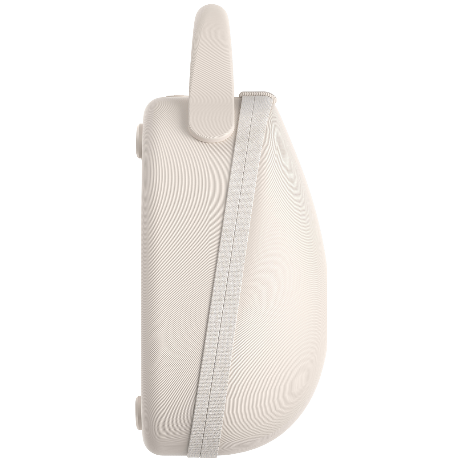 A cream-colored, textured bag with a handle and a strap. It has rounded edges and a ridged surface. The background is white.