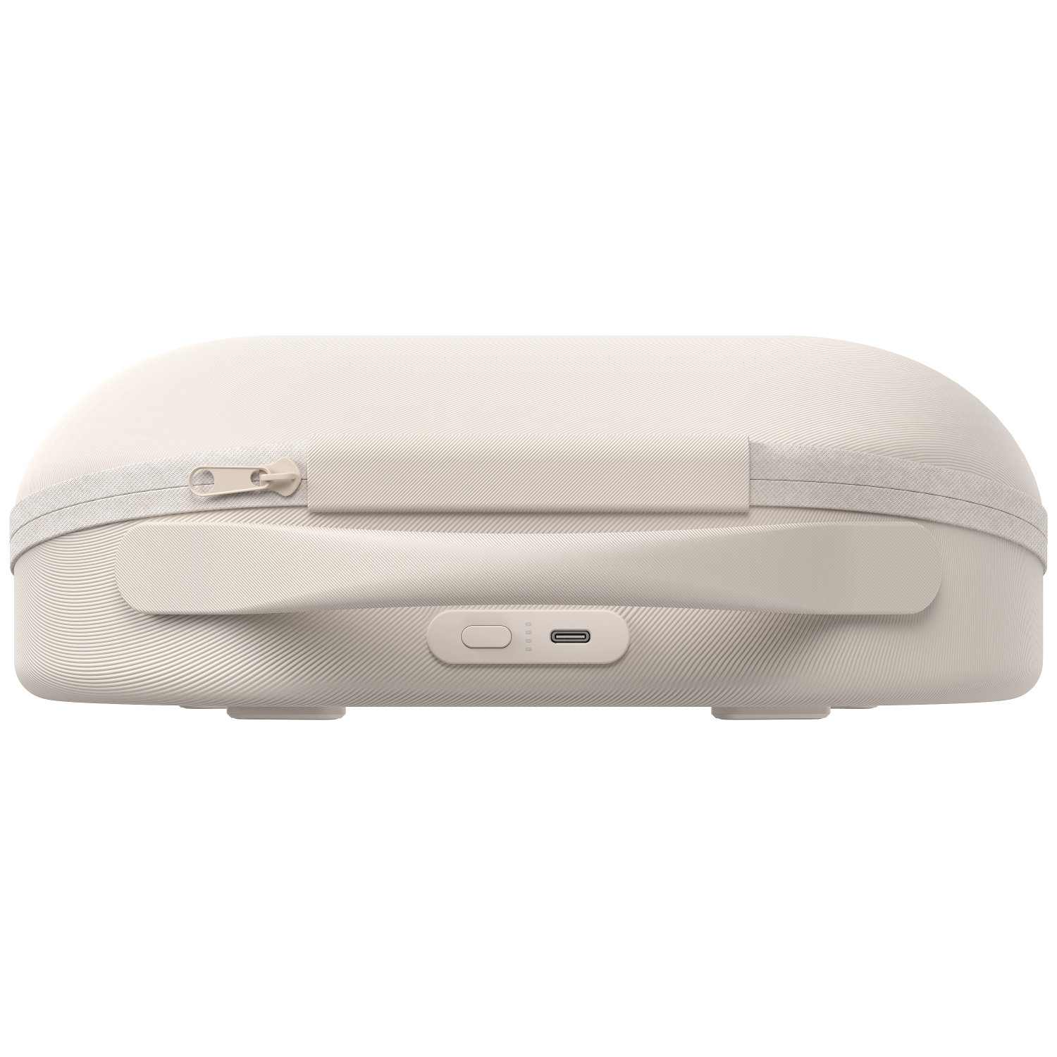 A cream-colored, oval-shaped case with a zipper, handle, and port. The case is on a white background, with a ridged texture.