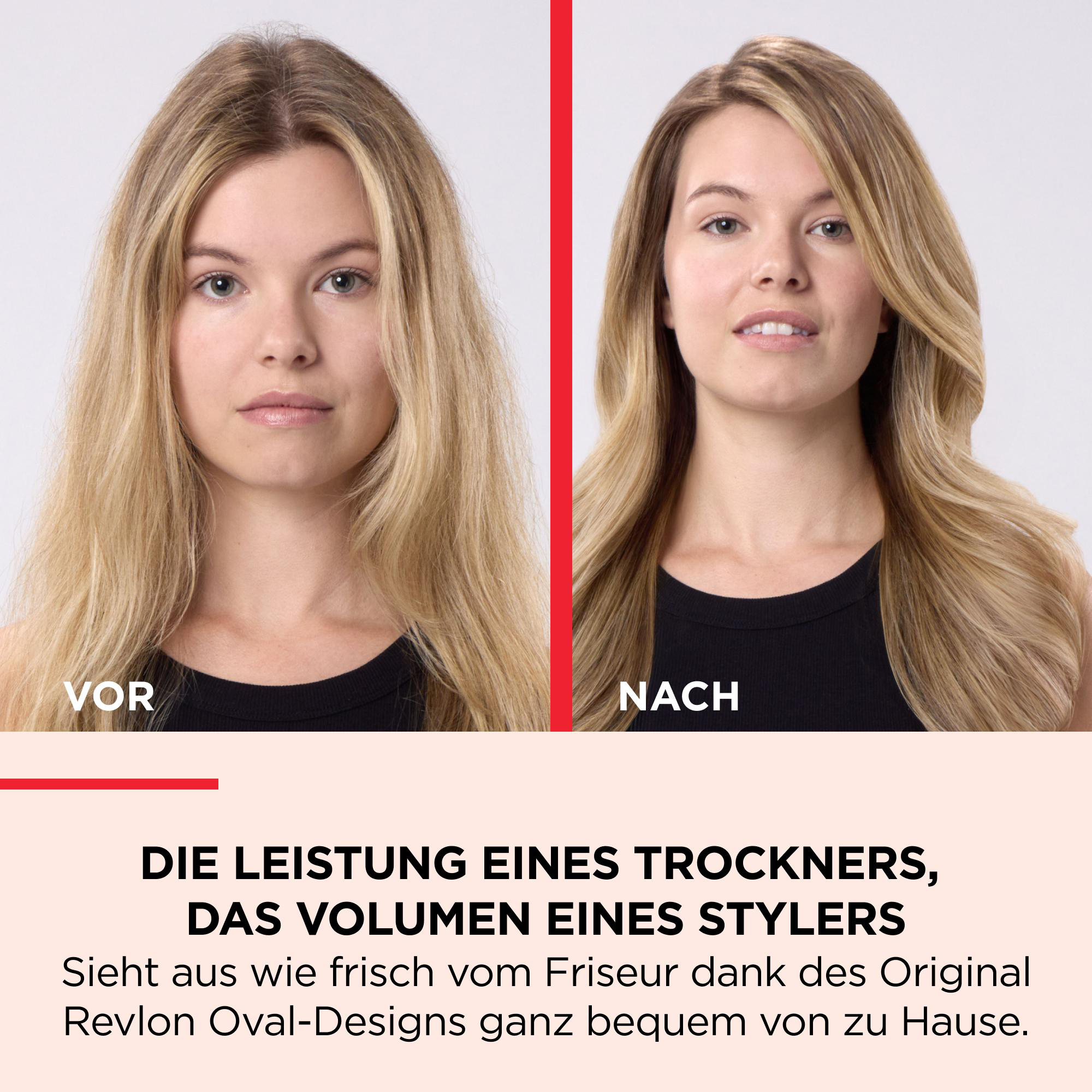 Das Bild zeigt das Haar einer Frau vor und nach dem Styling. Links stumpfes Haar, rechts gestyltes Haar. Text beschreibt ein Haarprodukt.