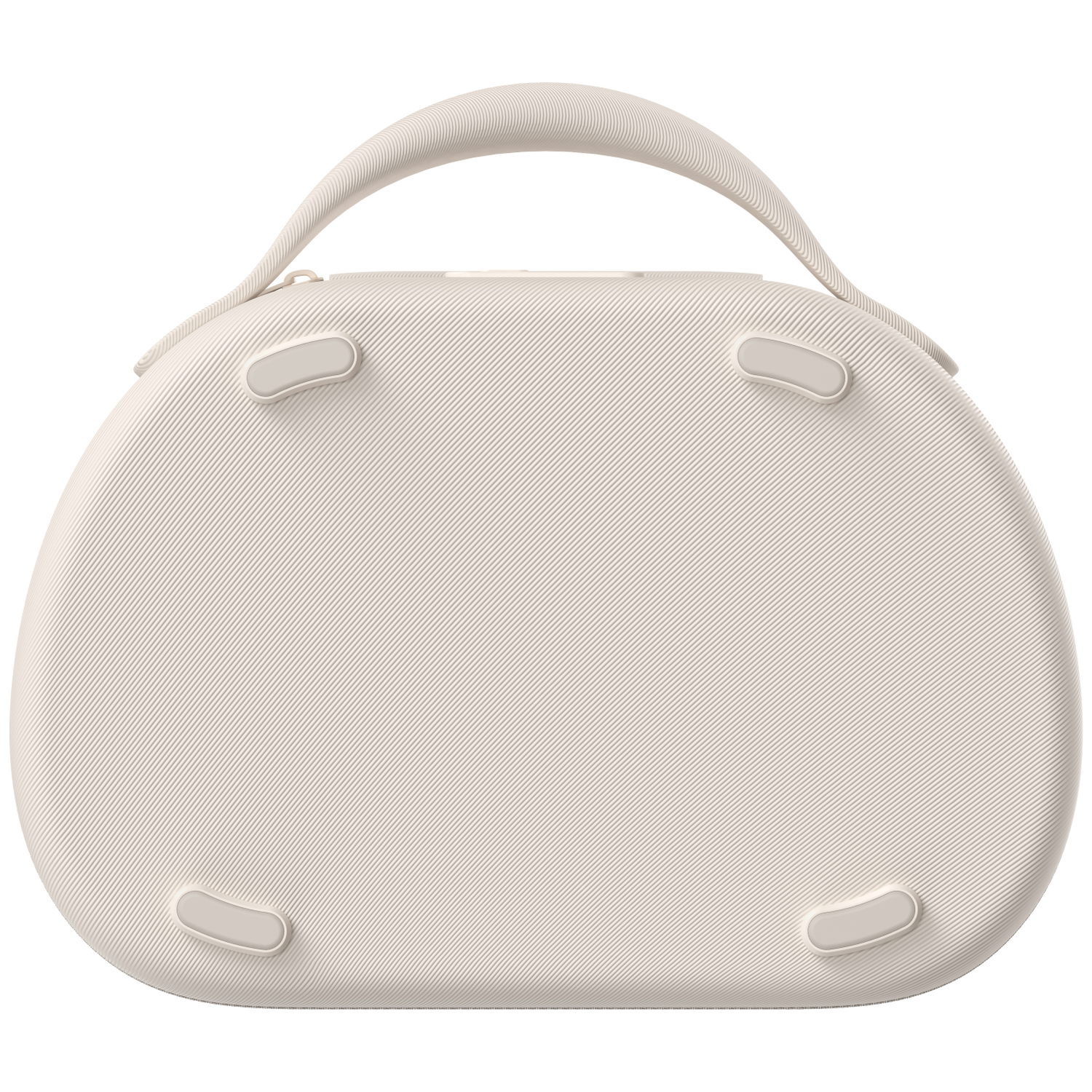 Cream-colored, oval-shaped bag with a handle. Features four small feet and a textured surface. Isolated on white background.