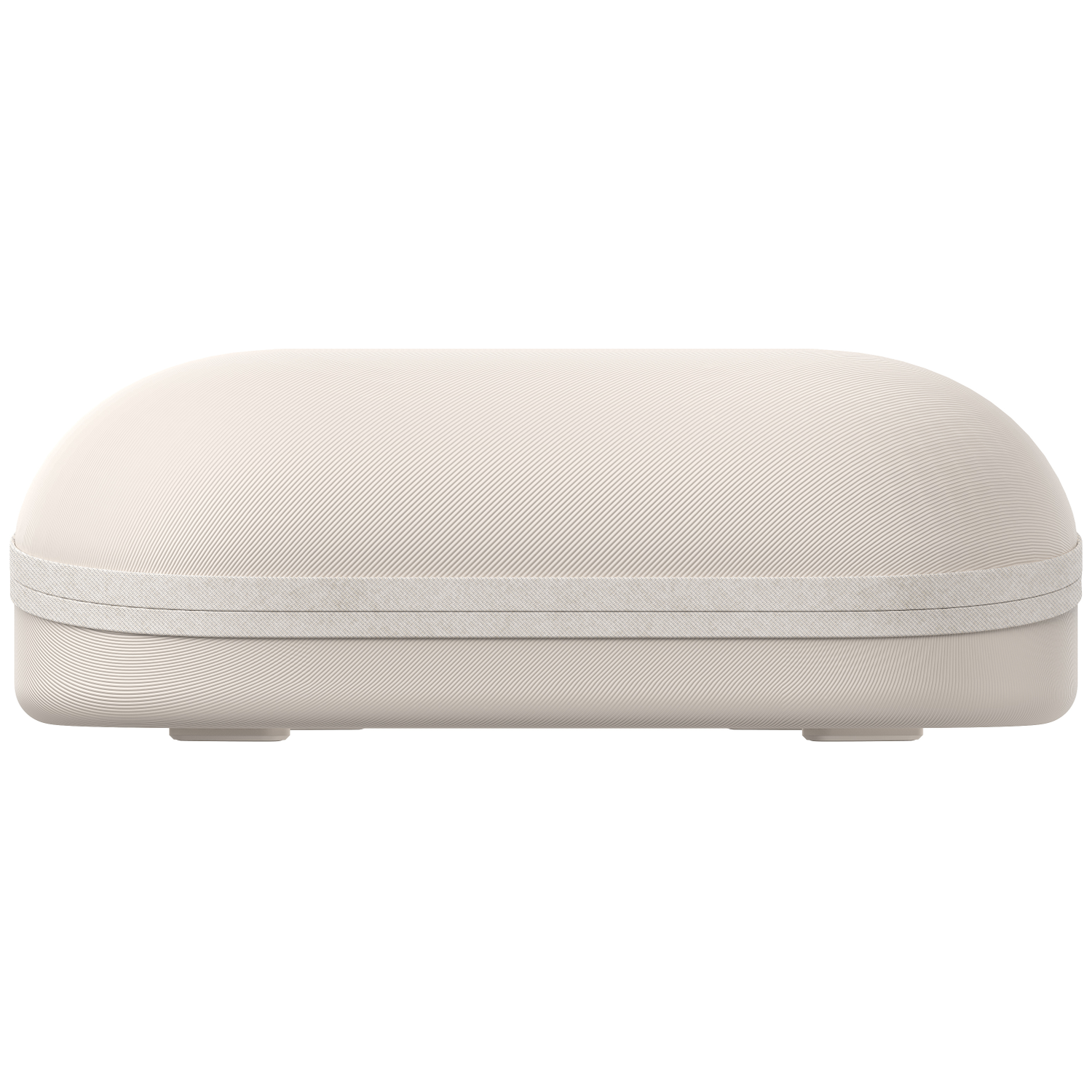 A light beige, oval-shaped case with a textured surface and a band around the middle. It rests on a white background.