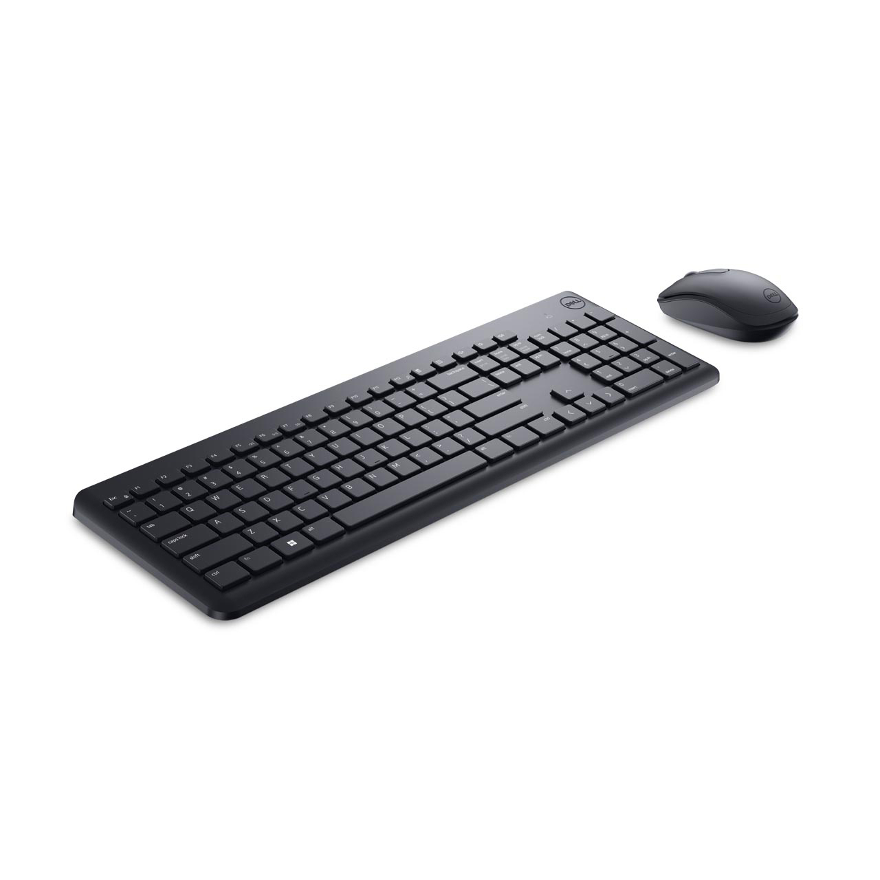 Ein schwarzes Dell-Tastatur- und Maus-Set auf einer weißen Oberfläche. Die Tastatur ist rechteckig und die Maus oval.