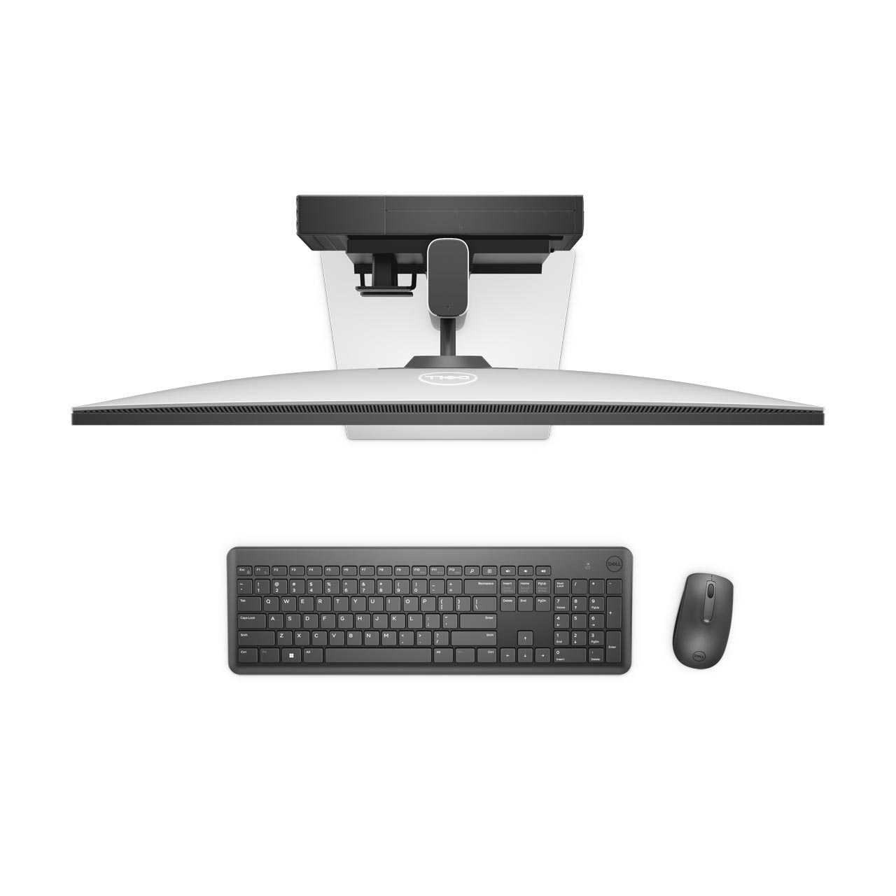 Draufsicht auf einen Dell All-in-One-Computer. Enthält Monitor, Tastatur und Maus. Alles Schwarz und Grau auf weißem Hintergrund.