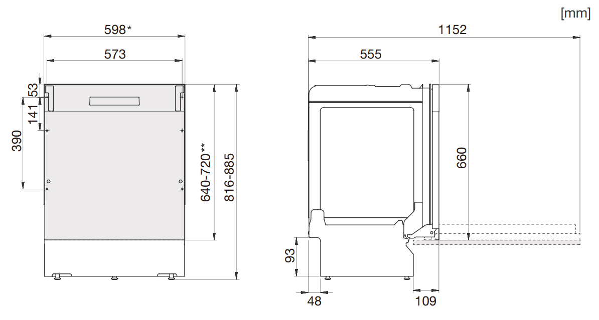 Diagram egy készülék méreteivel milliméterben. Elülső és oldalsó nézetek, különböző méretekkel.