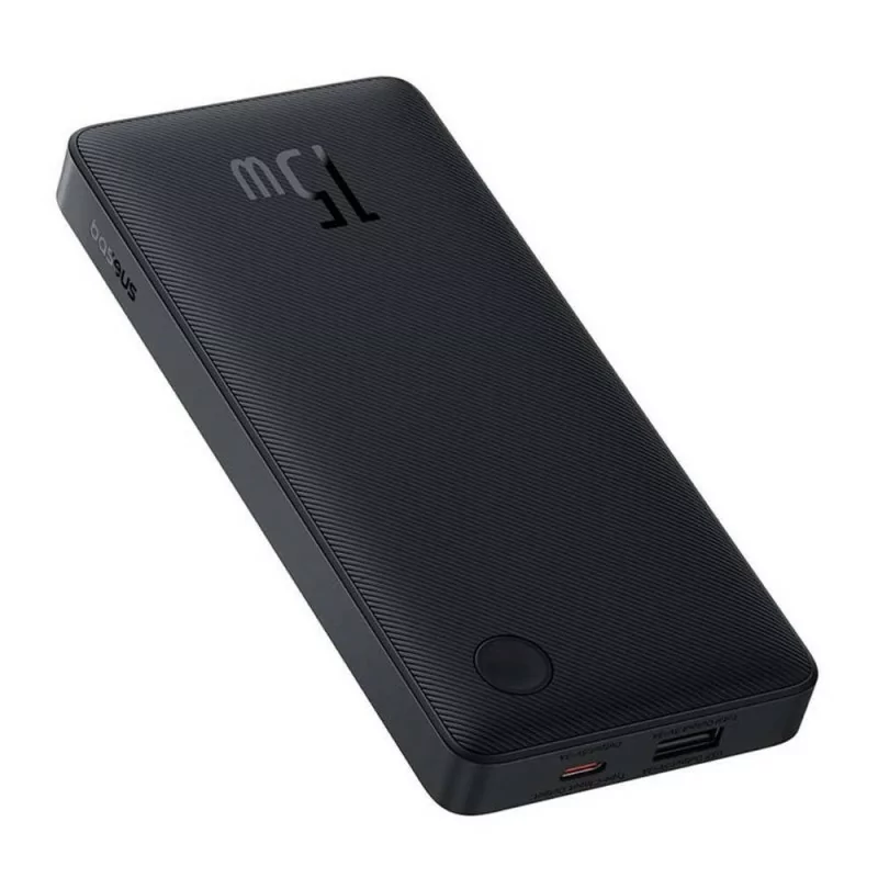 Egy fekete Baseus power bank, 15W-os felirattal. Van rajta egy bekapcsológomb és különböző portok.