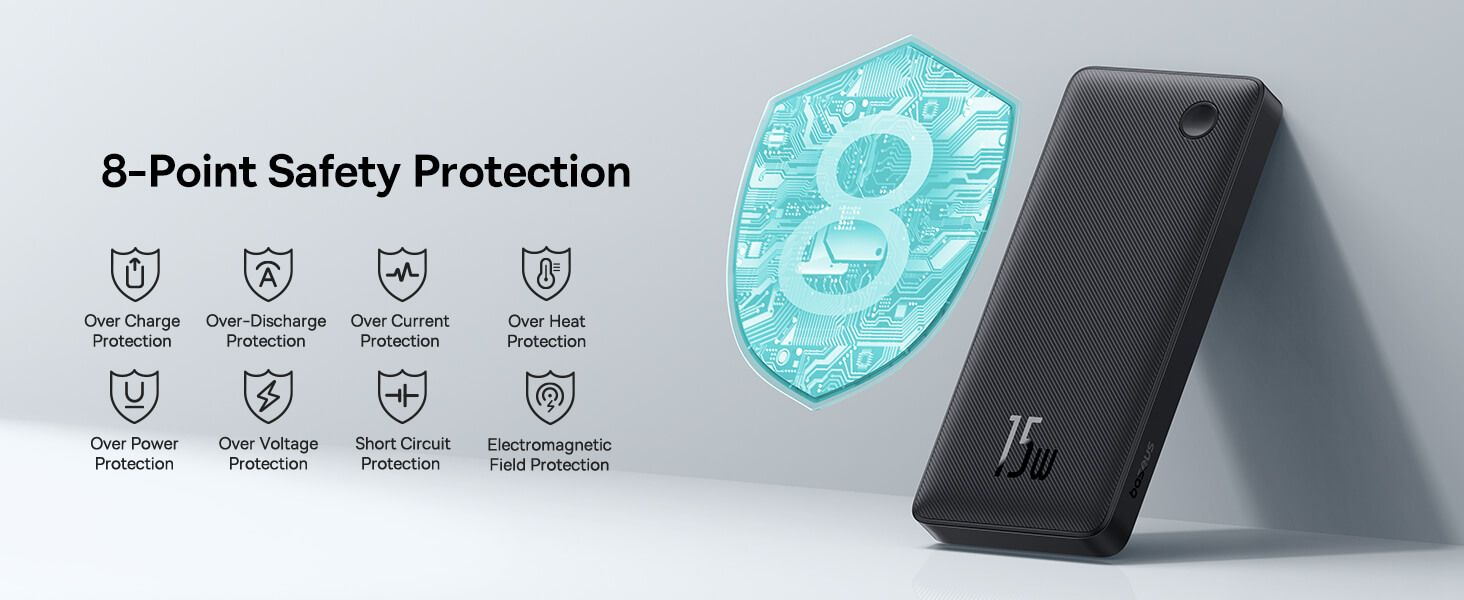 A képen egy fekete power bank látható, biztonsági ikonokkal, a '8-pontos biztonságvédelem' felirattal és egy világító pajzzsal, digitális áramkörökkel.