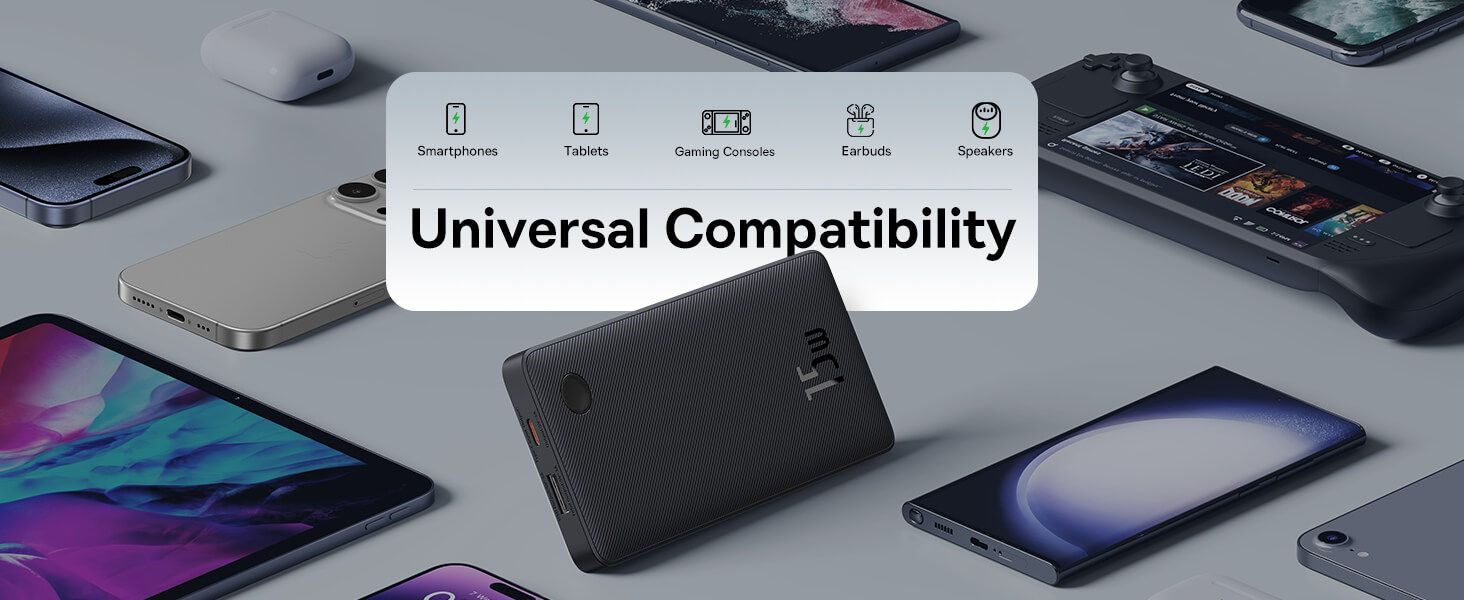 A képen több eszköz látható, mint például telefonok, táblagépek és egy játékkonzol. Egy power bank van középen, a 'Universal Compatibility' felirattal.