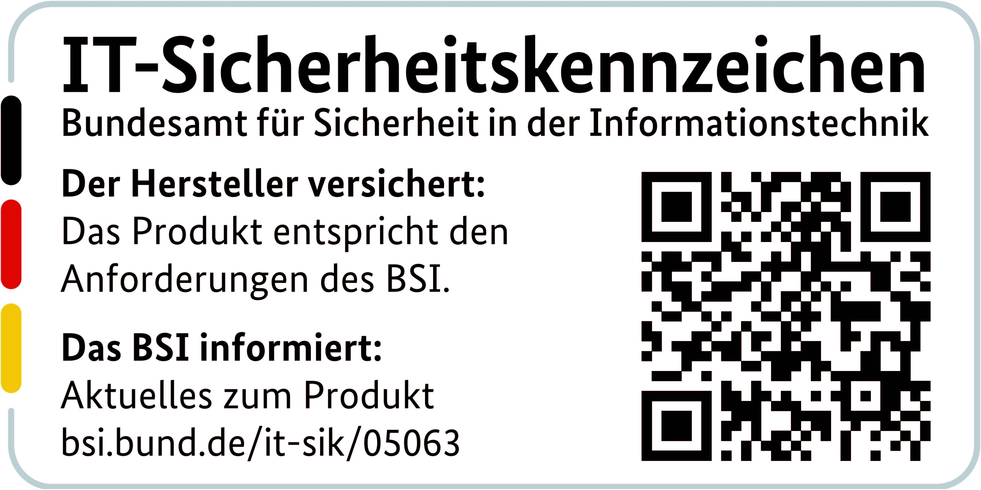 Ein weißes Schild mit deutschem Text, einem QR-Code und farbigen Streifen. Es enthält Produktinformationen und eine Website.