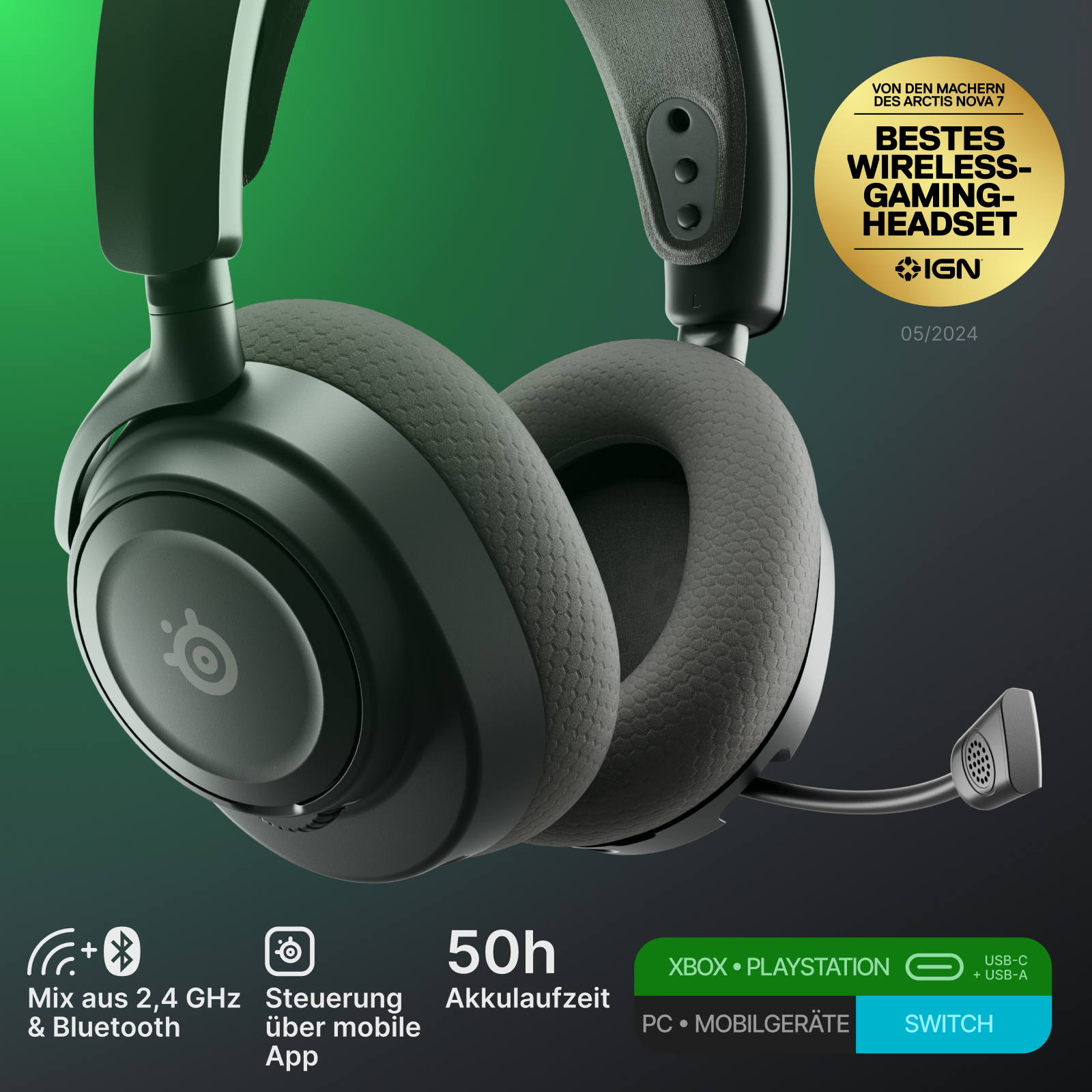 Schwarzes Gaming-Headset. Merkmale: kabellose Konnektivität, 50h Akkulaufzeit und App-Steuerung. Ausgezeichnet als bestes Wireless-Gaming-Headset.