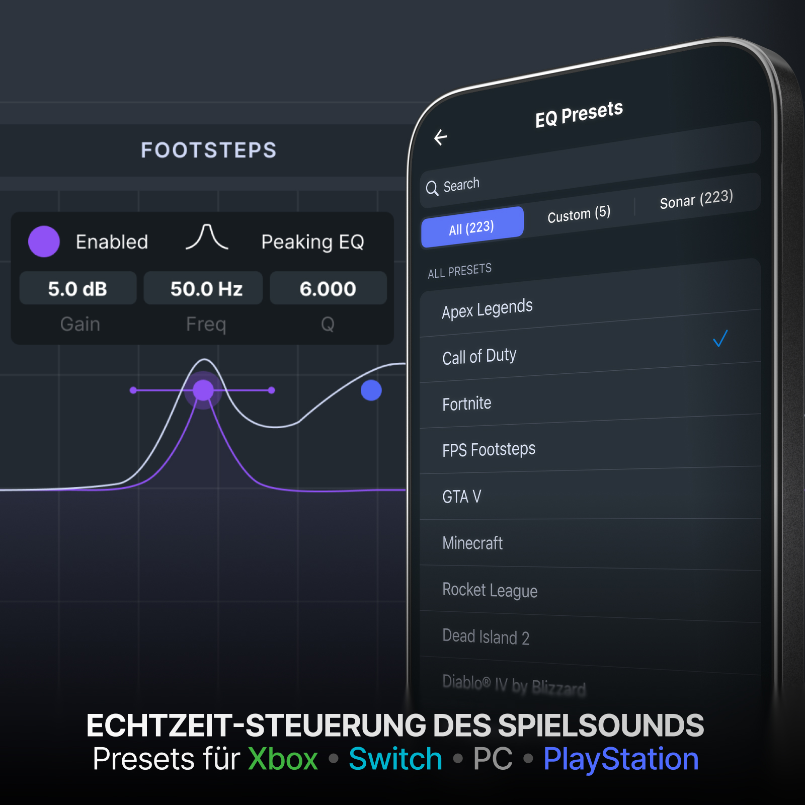 App-Oberfläche mit EQ-Einstellungen und Voreinstellungen für Spiele wie Call of Duty. Ein Diagramm zeigt Klanganpassungen.