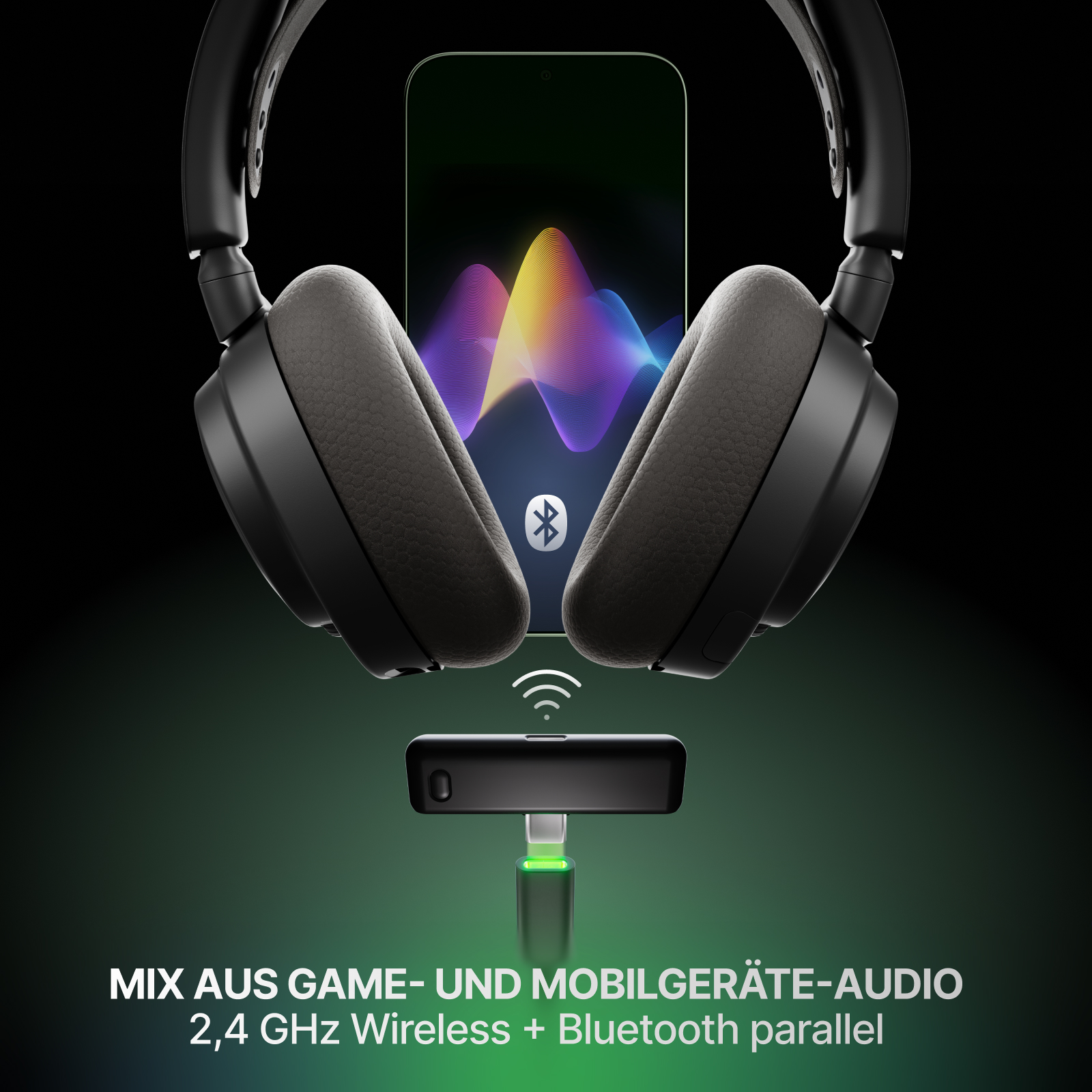 Schwarze Kopfhörer, ein Telefon mit Schallwellen, ein Empfänger und Text: MIX AUS GAME- UND MOBILGERÄTE-AUDIO.