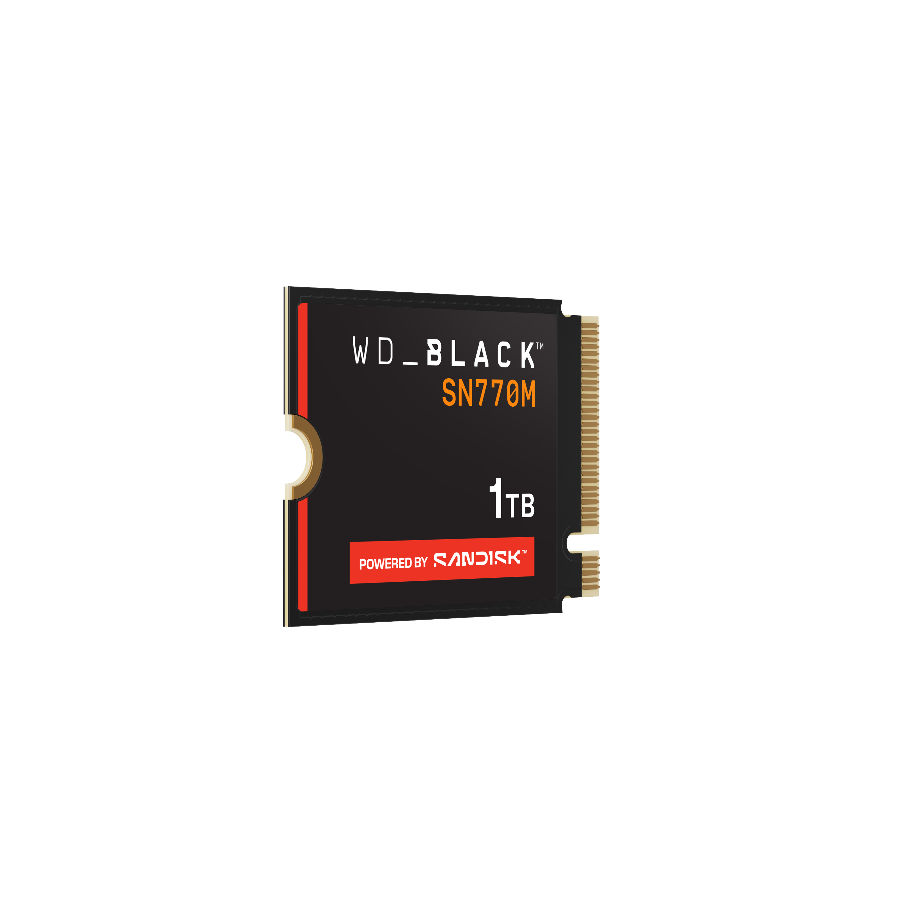WD_BLACK SN770M 1TB SSD auf weißem Grund. Es ist ein schwarzes Rechteck mit roten Akzenten und goldenen Anschlüssen.