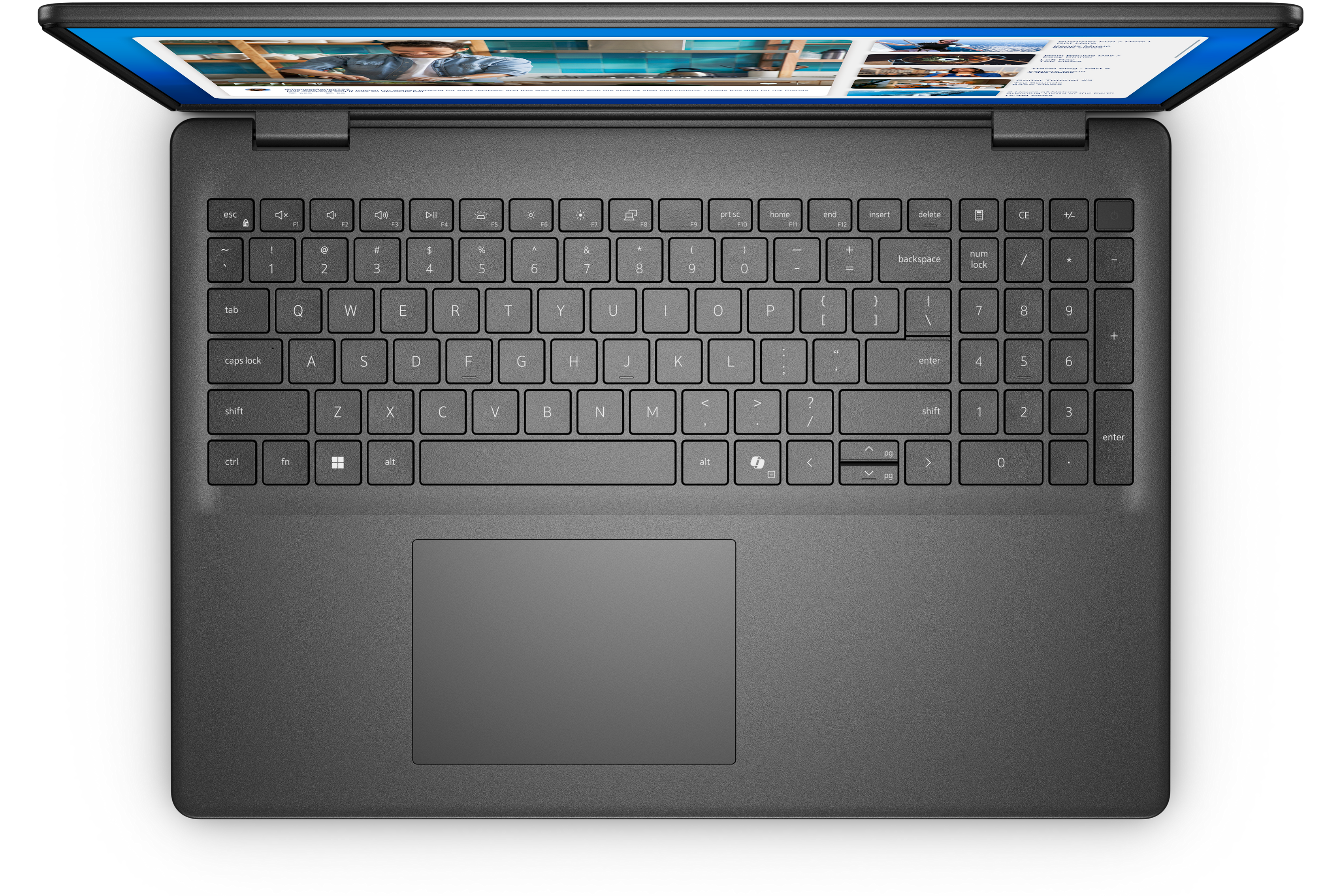 Laptop-Tastatur und Bildschirm sichtbar. Tasten beschriftet. Der Bildschirm zeigt eine Website. Grauer Laptop auf schwarzem Untergrund.