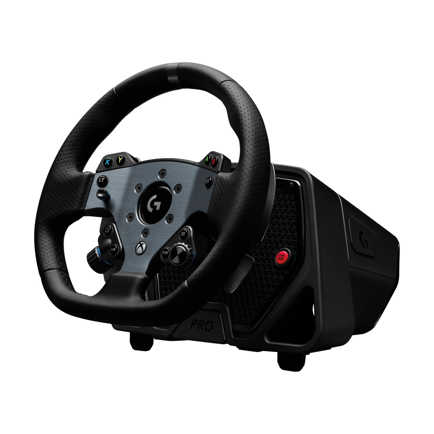 Un volante da corsa nero e grigio con pulsanti, un mozzo centrale e un pulsante di avvio rosso. Il volante ha un'impugnatura in pelle traforata.