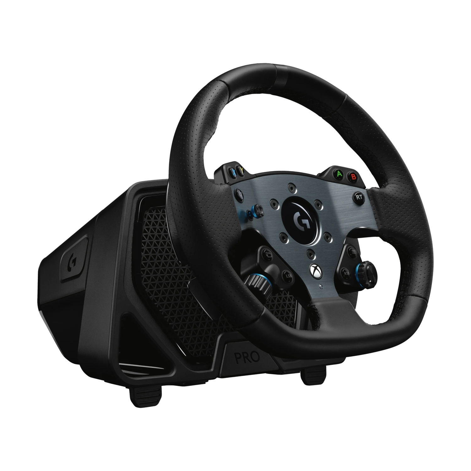 Un volante da corsa Logitech nero con centro argentato. Ha pulsanti, quadranti e un'impugnatura in pelle traforata. La base è nera.