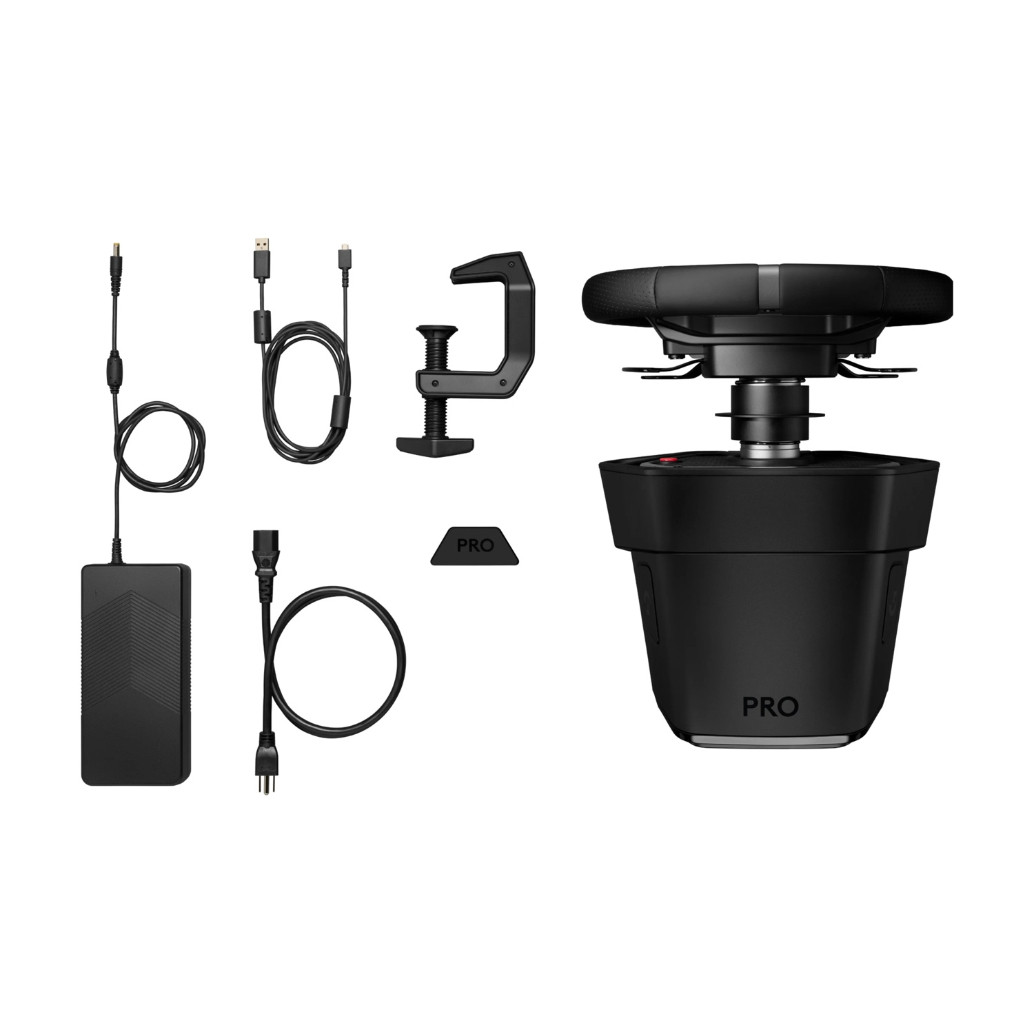 Un setup di volante da corsa nero con cavi, morsetto e adattatore di alimentazione. La base ha l'etichetta 'PRO'.