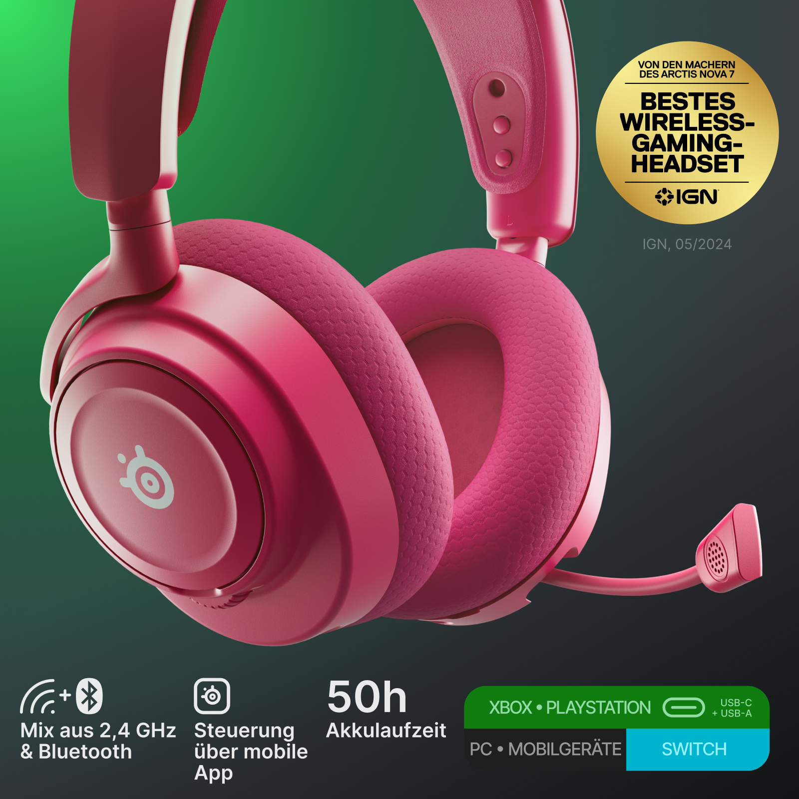 Pinkes drahtloses Gaming-Headset mit Mikrofon. Funktionen umfassen Bluetooth, 50h Akkulaufzeit und Kompatibilität mit verschiedenen Plattformen.
