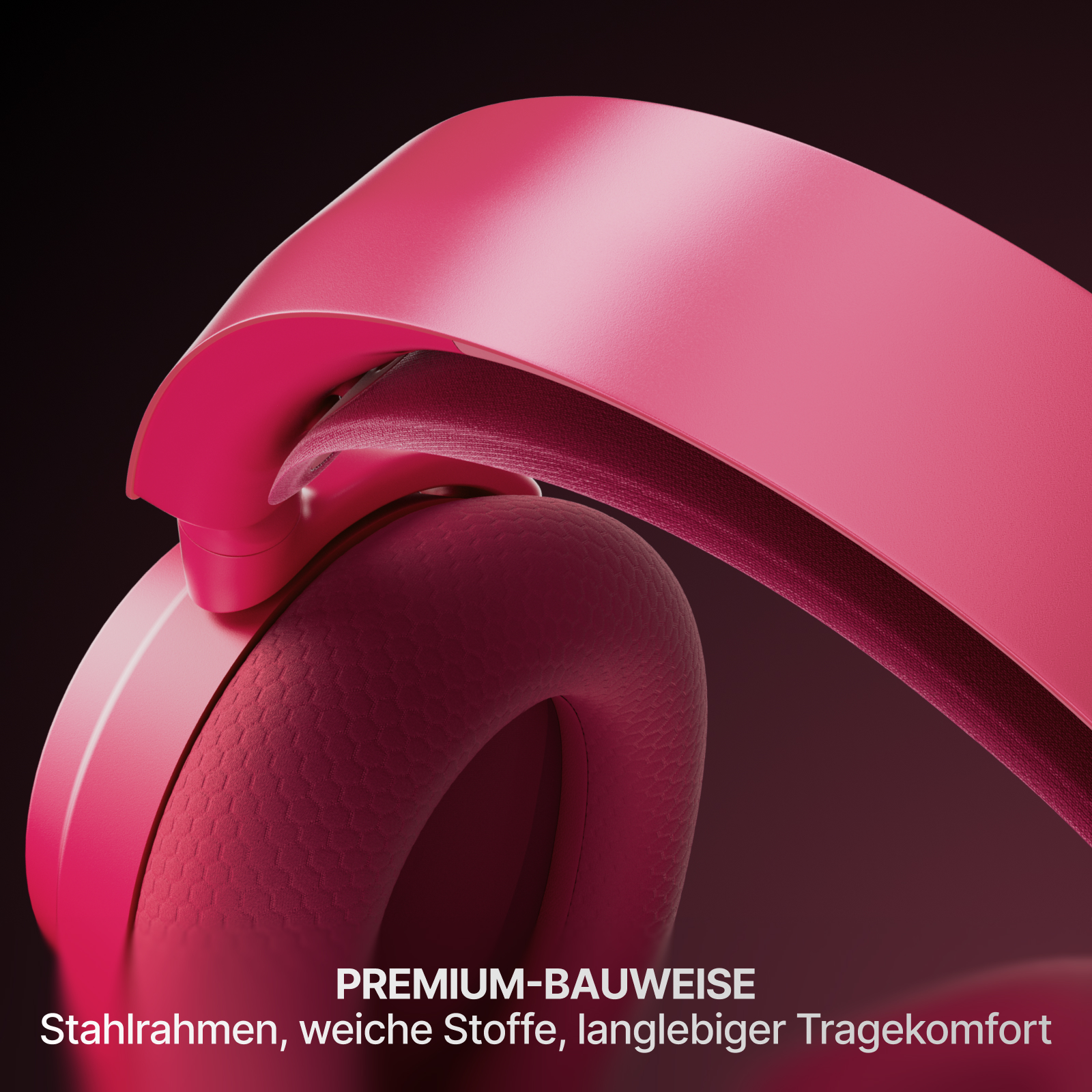 Nahaufnahme von pinkfarbenen Kopfhörern. Die Ohrmuschel hat eine strukturierte Oberfläche. Der Hintergrund ist ein Gradient von Dunkelrot zu Schwarz.