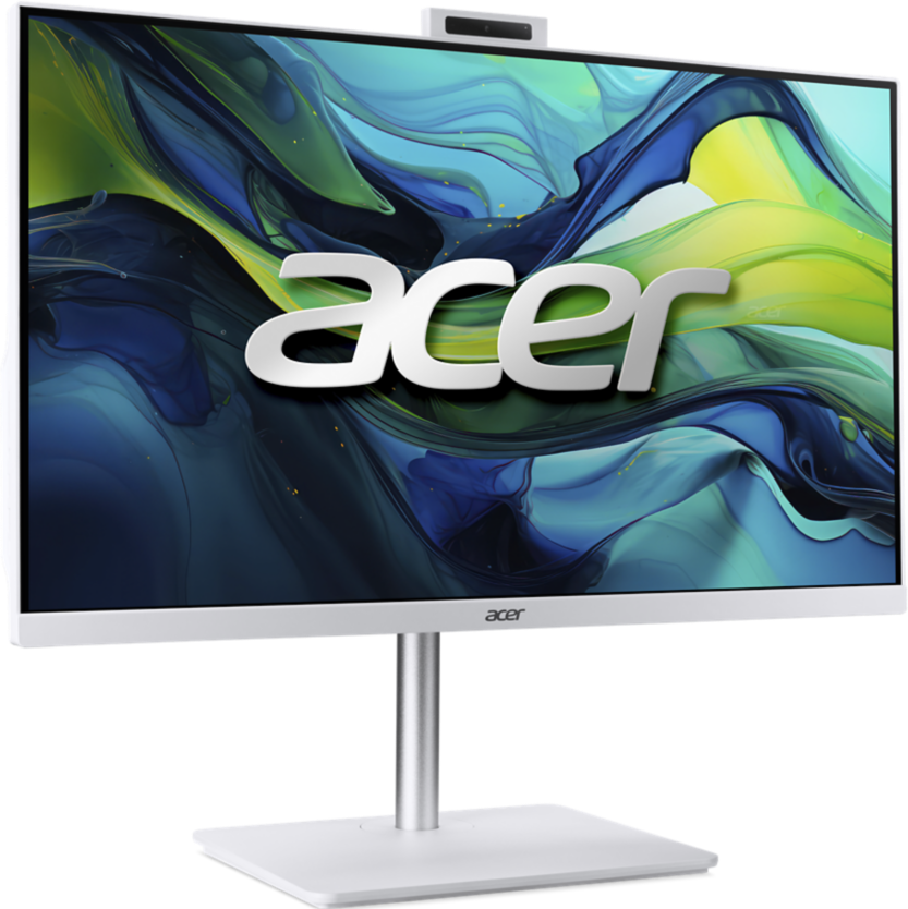 Ordinateur de bureau Acer tout-en-un. Il a un cadre et un support blancs, avec le logo Acer sur l'écran. L'écran affiche un arrière-plan coloré.