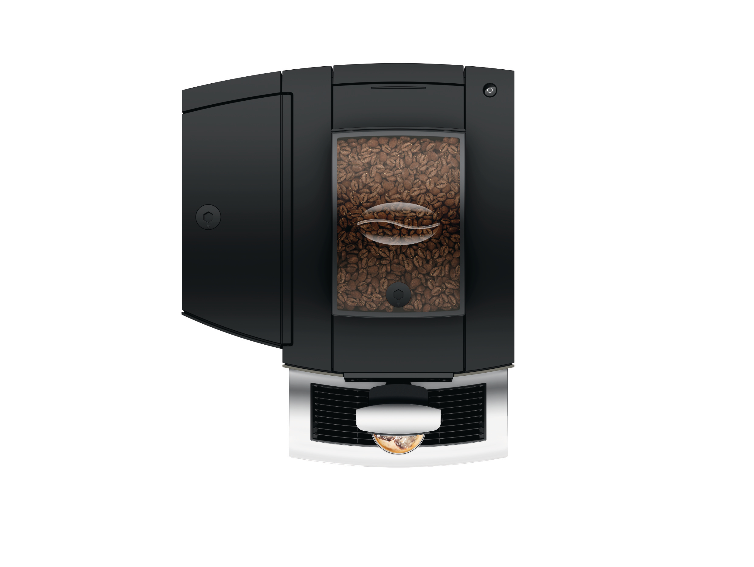 Schwarze Kaffeemaschine mit sichtbaren Kaffeebohnen. Silber und Schwarz. Weißer Hintergrund.