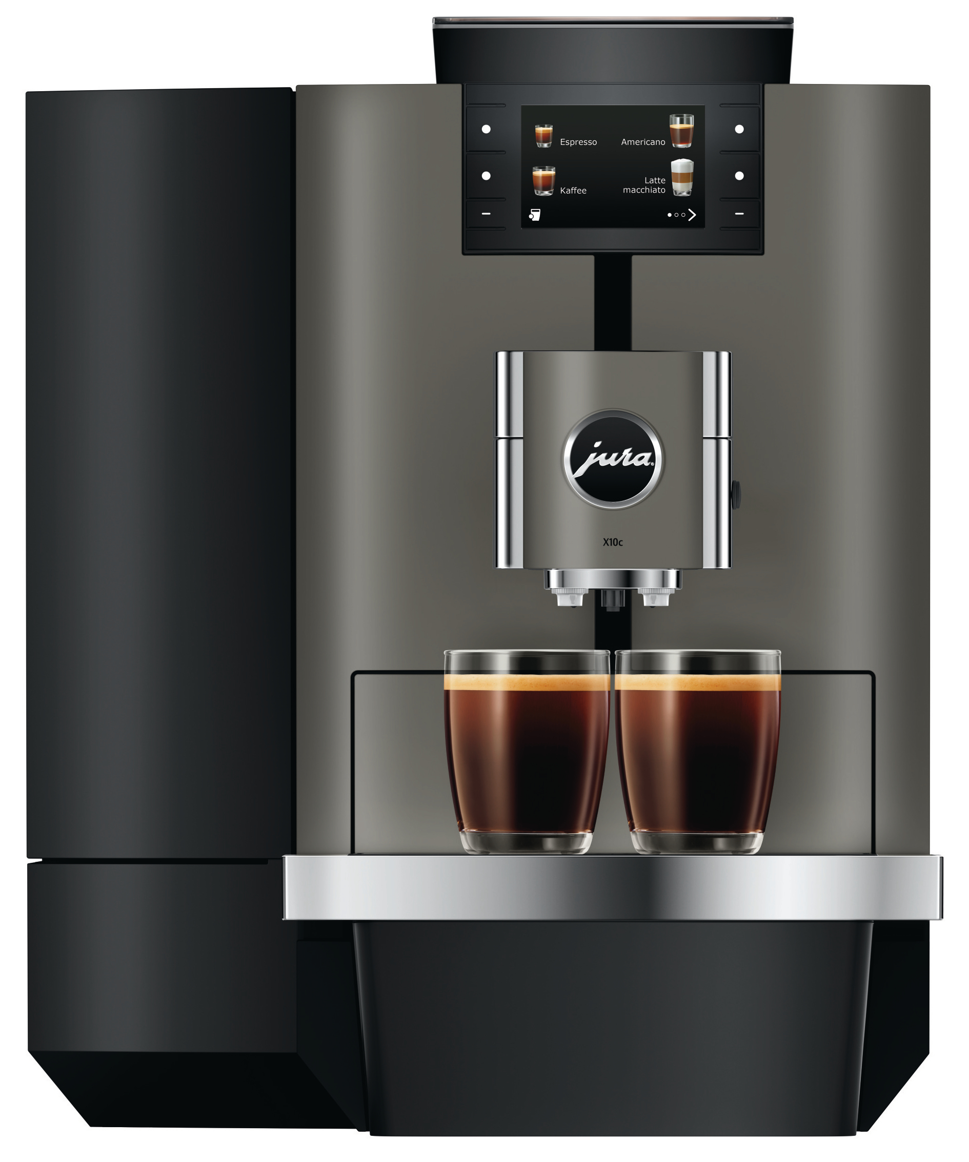 Eine Kaffeemaschine mit zwei Espresso-Shots in Gläsern. Die Maschine hat einen Touchscreen und ein Jura-Logo.