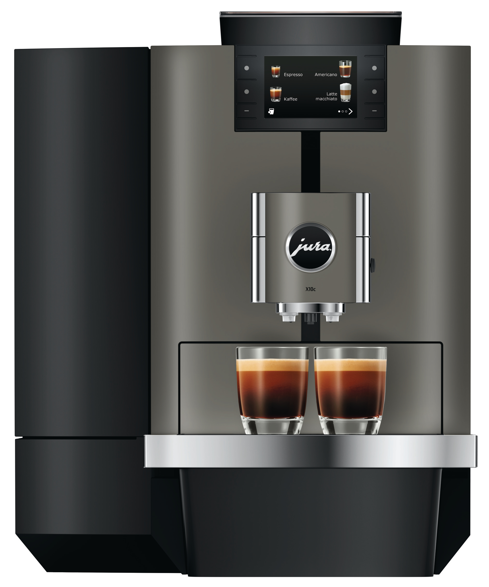 Eine Jura X10c Kaffeemaschine mit Espresso in zwei Gläsern. Sie hat ein Display mit Kaffeeoptionen.